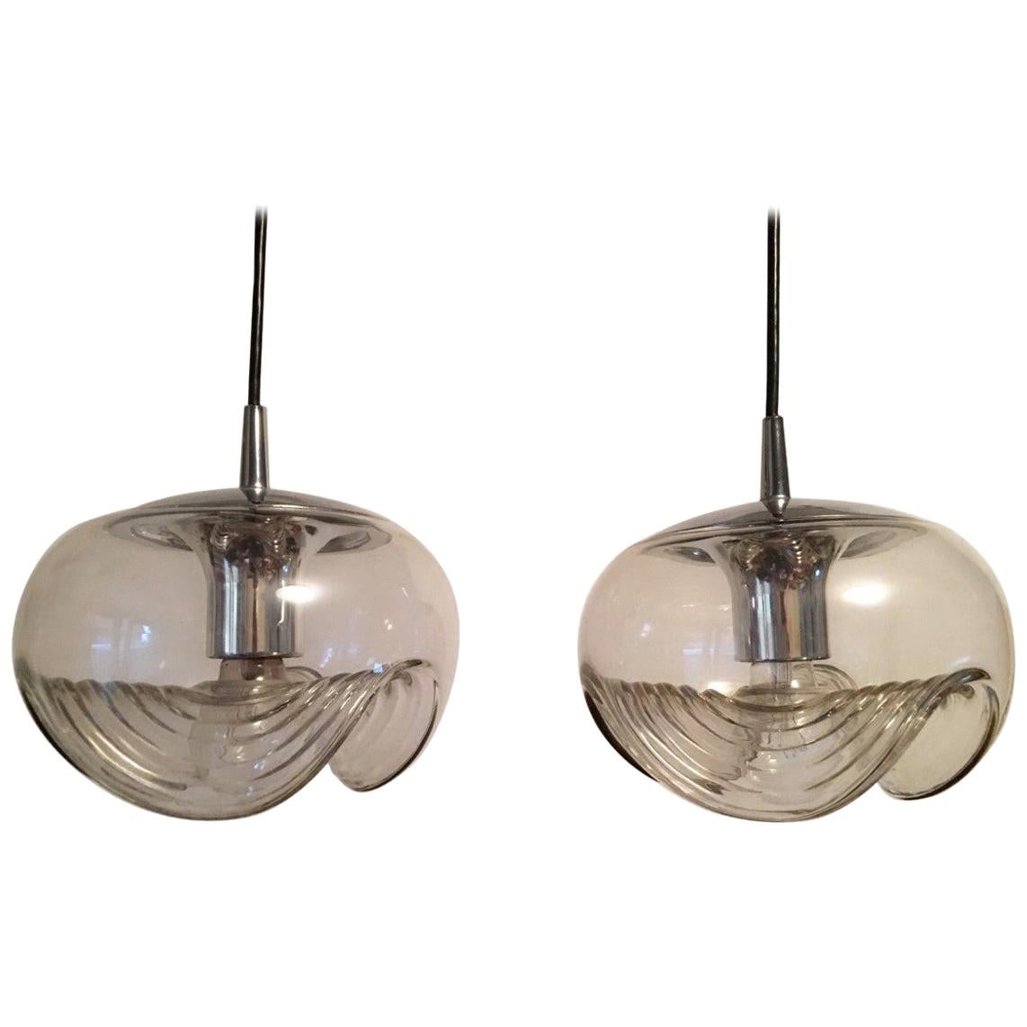 Peill & Putzler Clear Glass and Chrome Pendants from 1970s, Germany For Sale