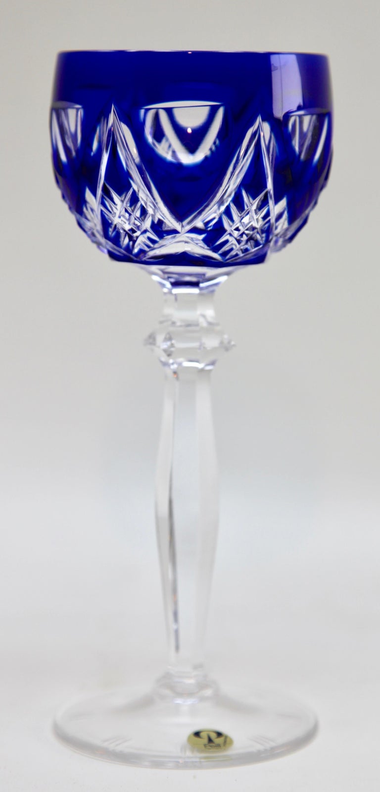 German Peill & Putzler Crystal Set of 6 Stem Glasses with Colored Overlay Cut to Clear For Sale