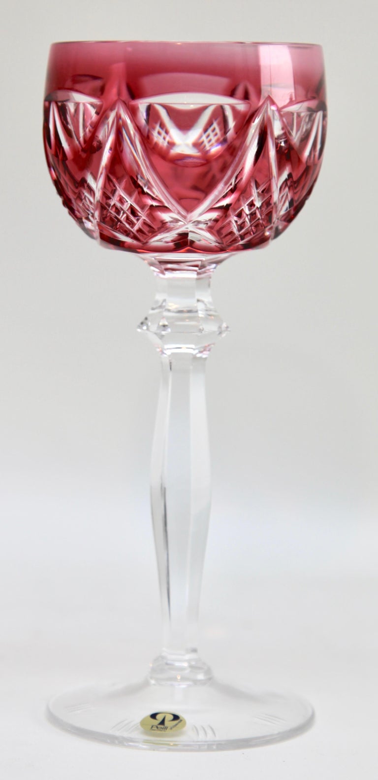 Mid-20th Century Peill & Putzler Crystal Set of 6 Stem Glasses with Colored Overlay Cut to Clear For Sale