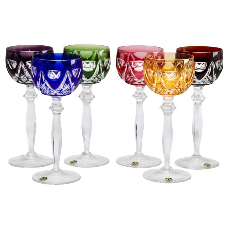 Peill & Putzler Crystal Set of 6 Stem Glasses with Colored Overlay Cut to Clear For Sale