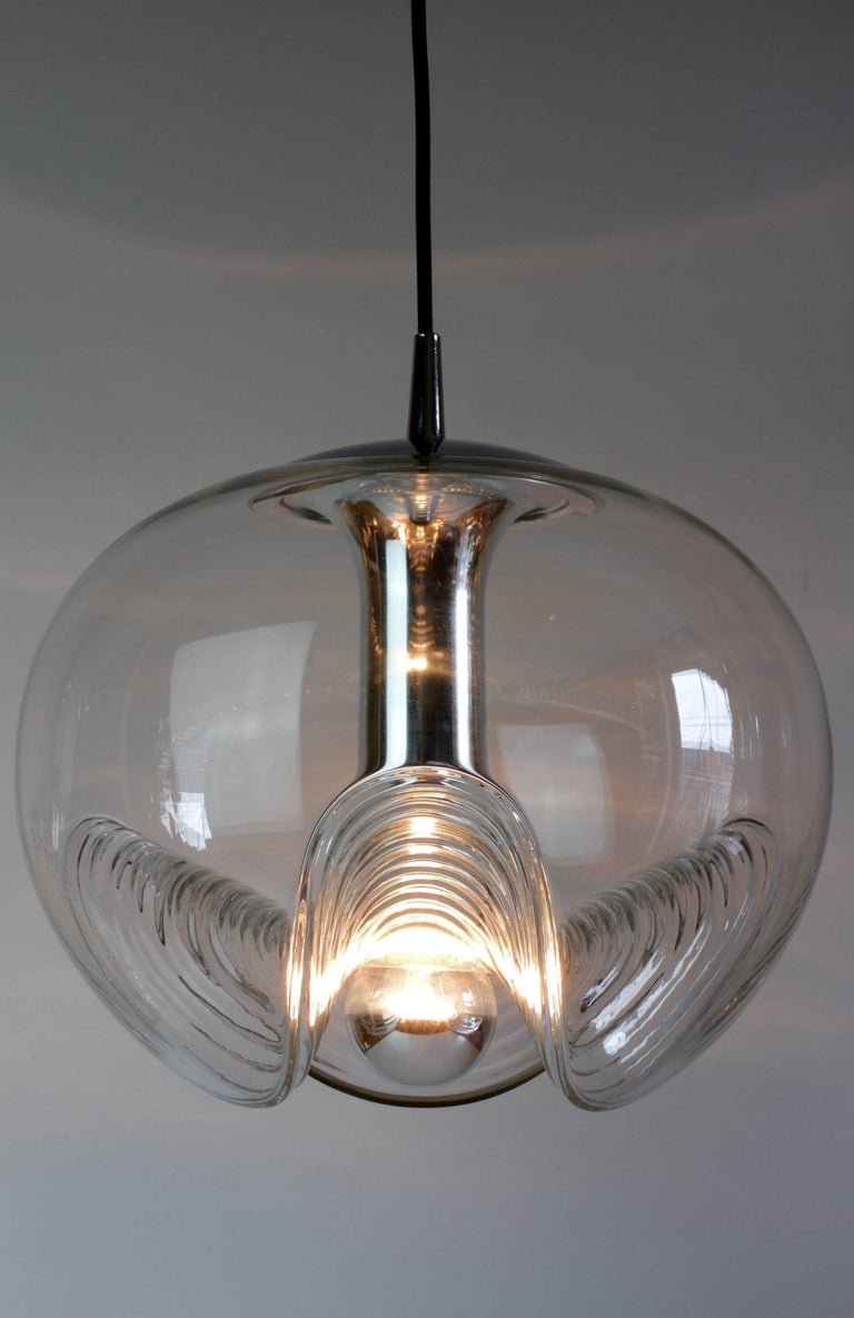 German Peill & Putzler Large 1970s Chrome and Clear Glass Biomorphic Pendant Light