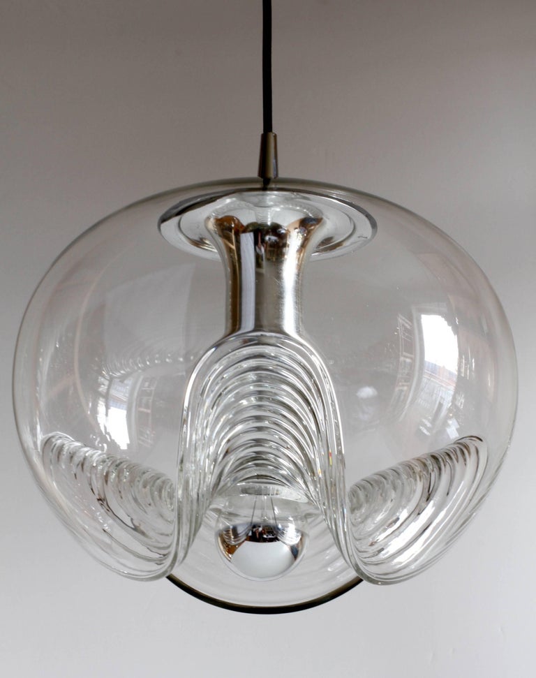 Molded Peill & Putzler Large 1970s Chrome and Clear Glass Biomorphic Pendant Light