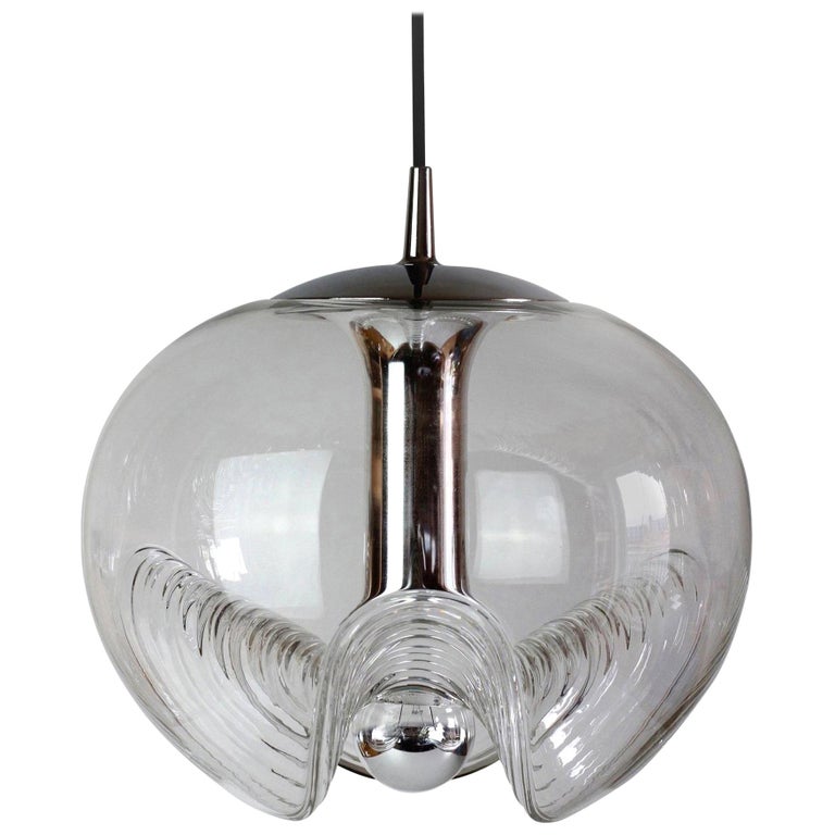 Peill & Putzler Large 1970s Chrome and Clear Glass Biomorphic Pendant Light