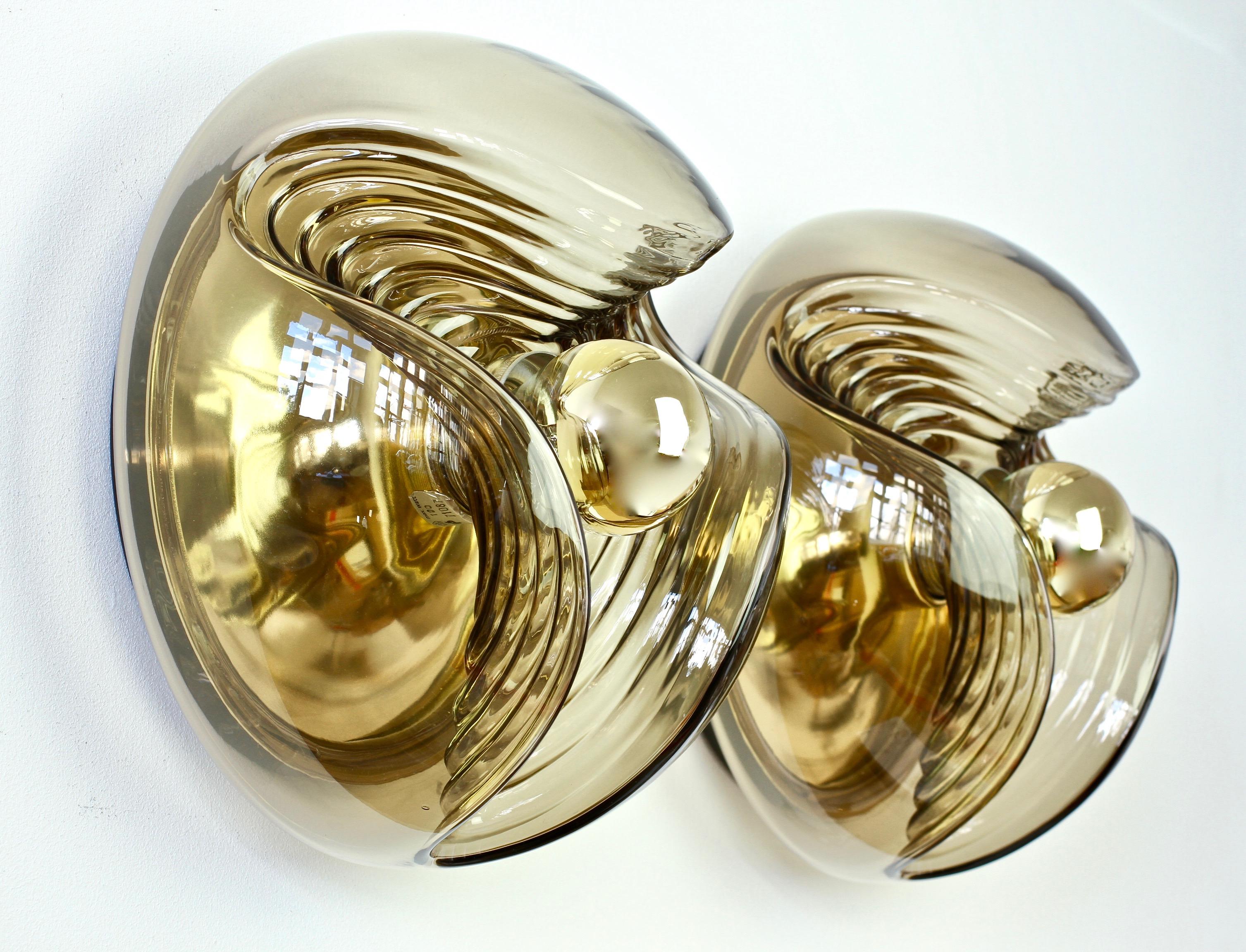 Peill & Putzler Large Pair of 1970s Smoked Glass Biomorphic Wall Light Sconces 5