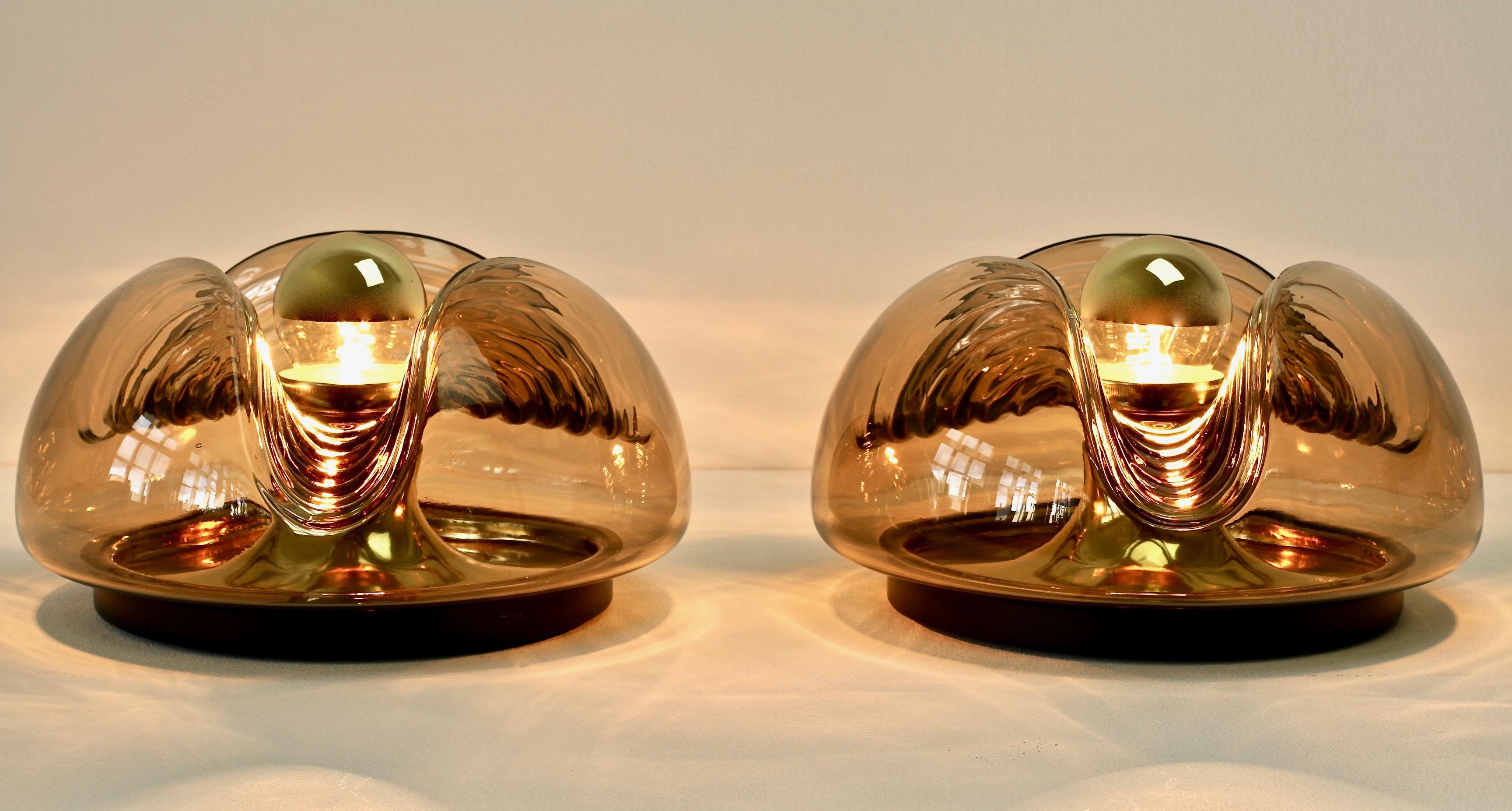 German Peill & Putzler Large Pair of 1970s Smoked Glass Biomorphic Wall Light Sconces