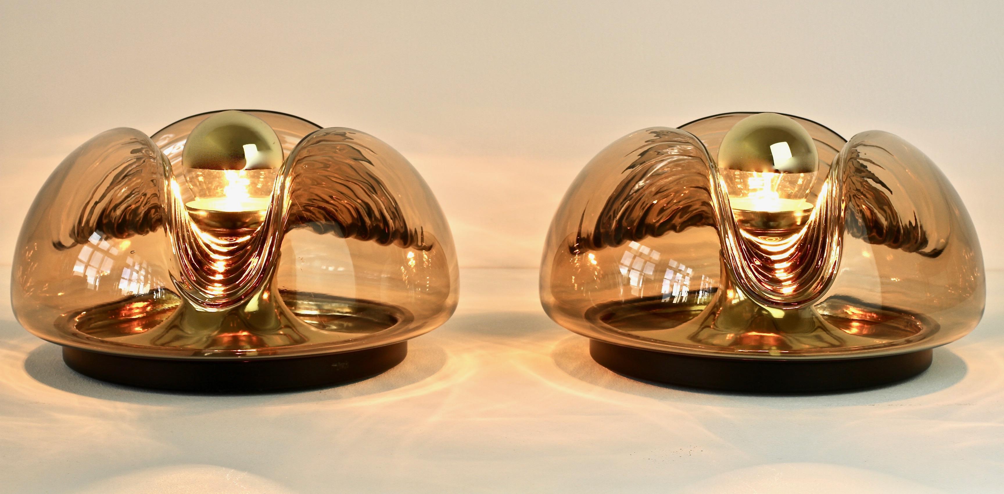 Molded Peill & Putzler Large Pair of 1970s Smoked Glass Biomorphic Wall Light Sconces