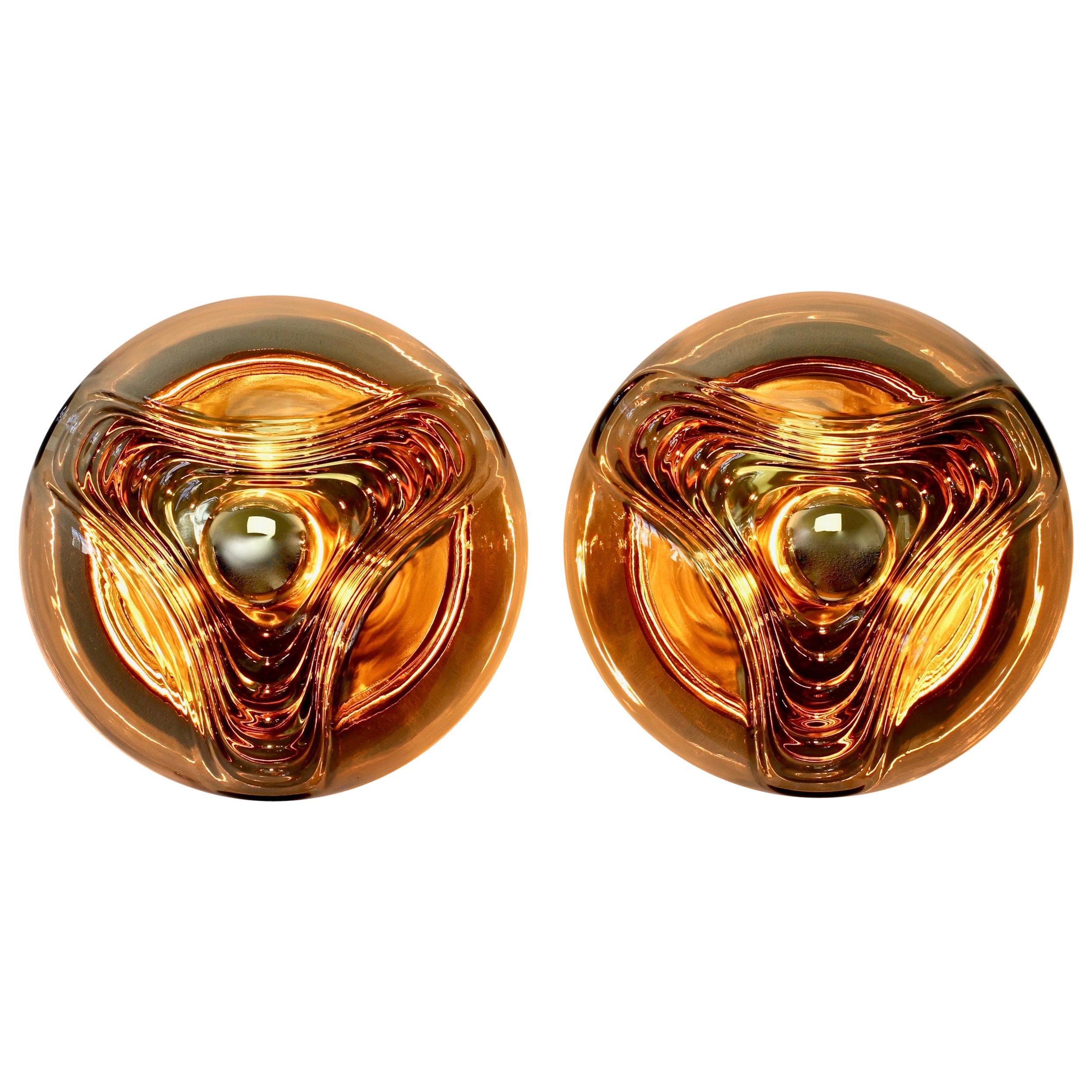 Peill & Putzler Large Pair of 1970s Smoked Glass Biomorphic Wall Light Sconces