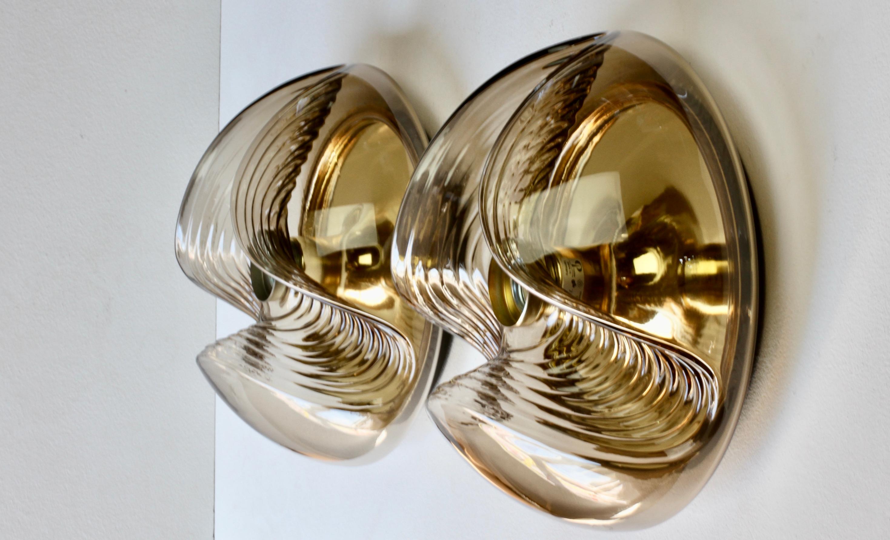Mid-Century Modern Peill & Putzler Large Pair of 1970s Smoked Glass Biomorphic Wall Sconces Lights For Sale
