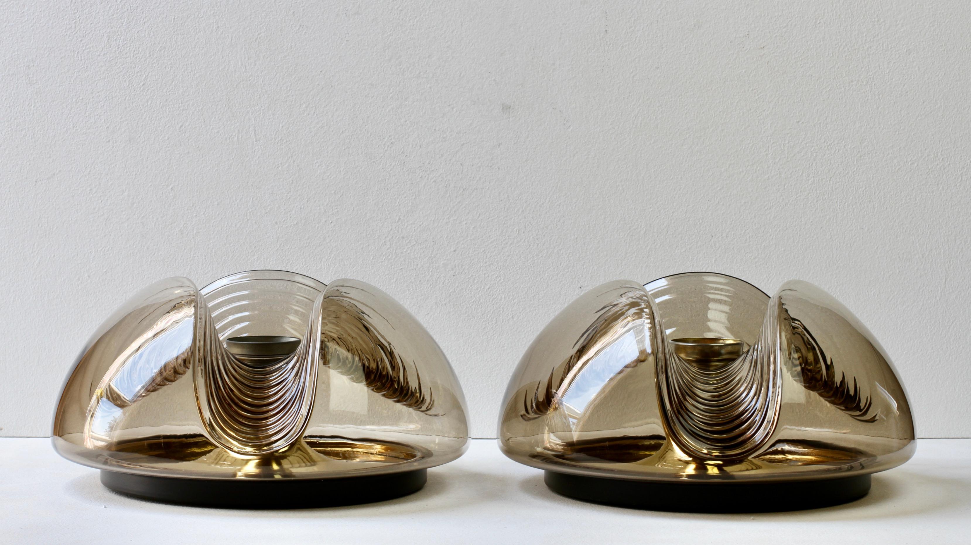 Late 20th Century Peill & Putzler Large Pair of 1970s Smoked Glass Biomorphic Wall Sconces Lights For Sale