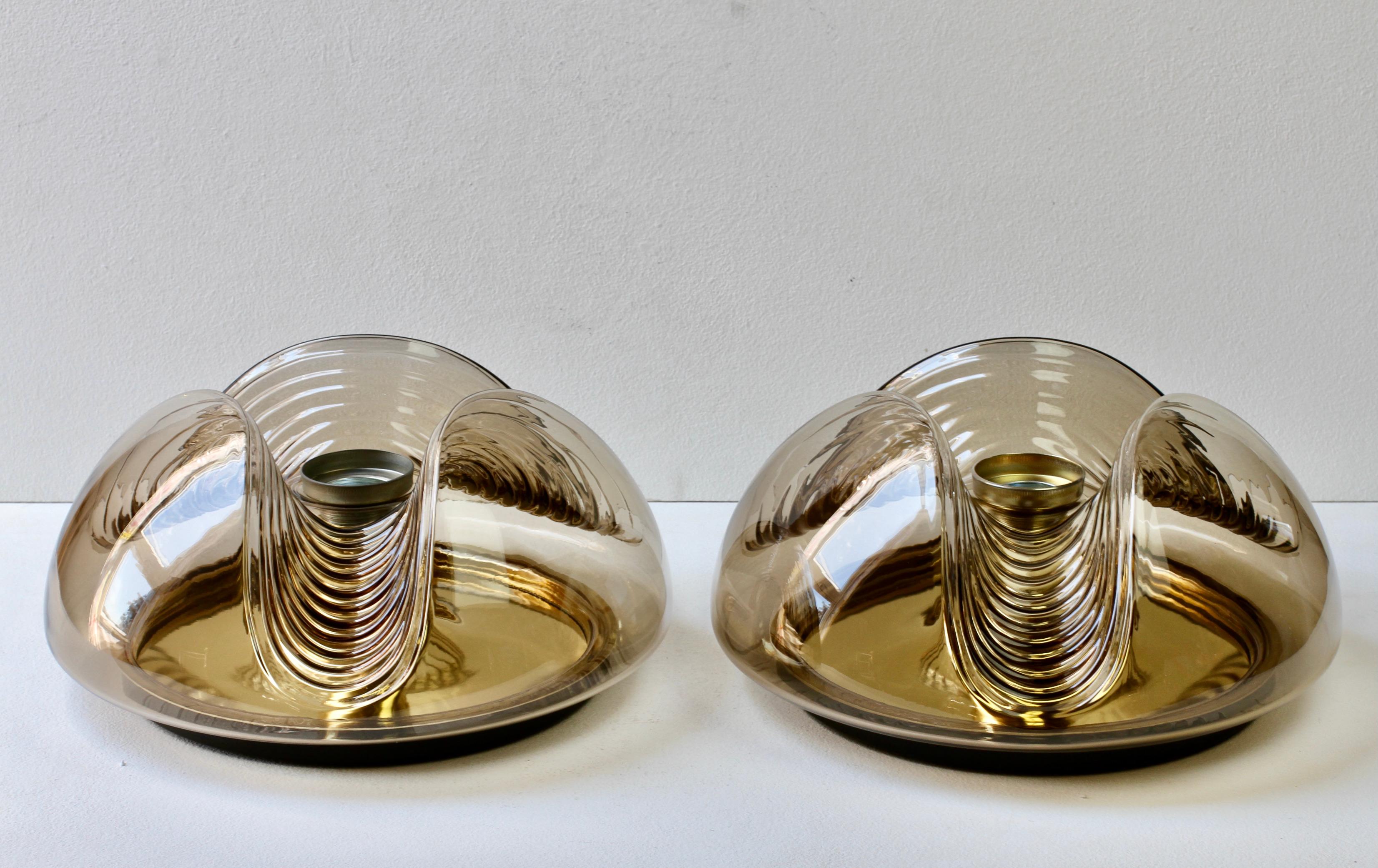 Peill & Putzler Large Pair of 1970s Smoked Glass Biomorphic Wall Sconces Lights For Sale 1