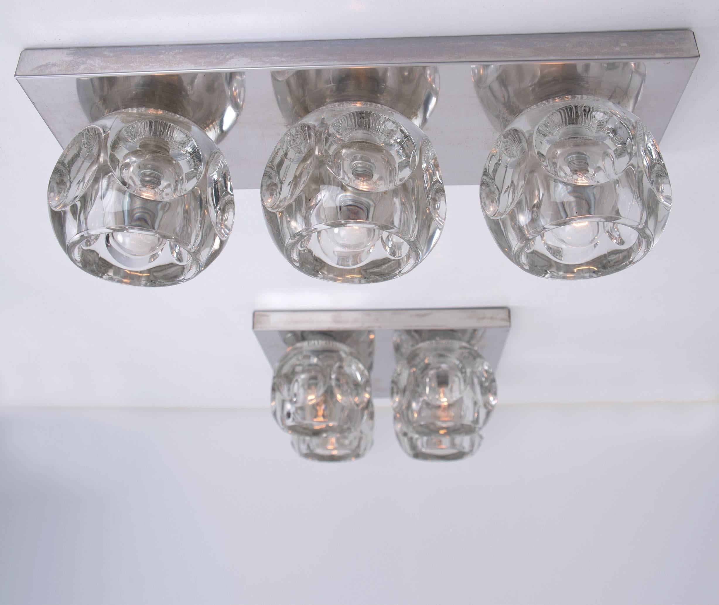 Mid-Century Modern Peill & Putzler Light Fixtures Faceted Glass on Chrome, 1970s For Sale