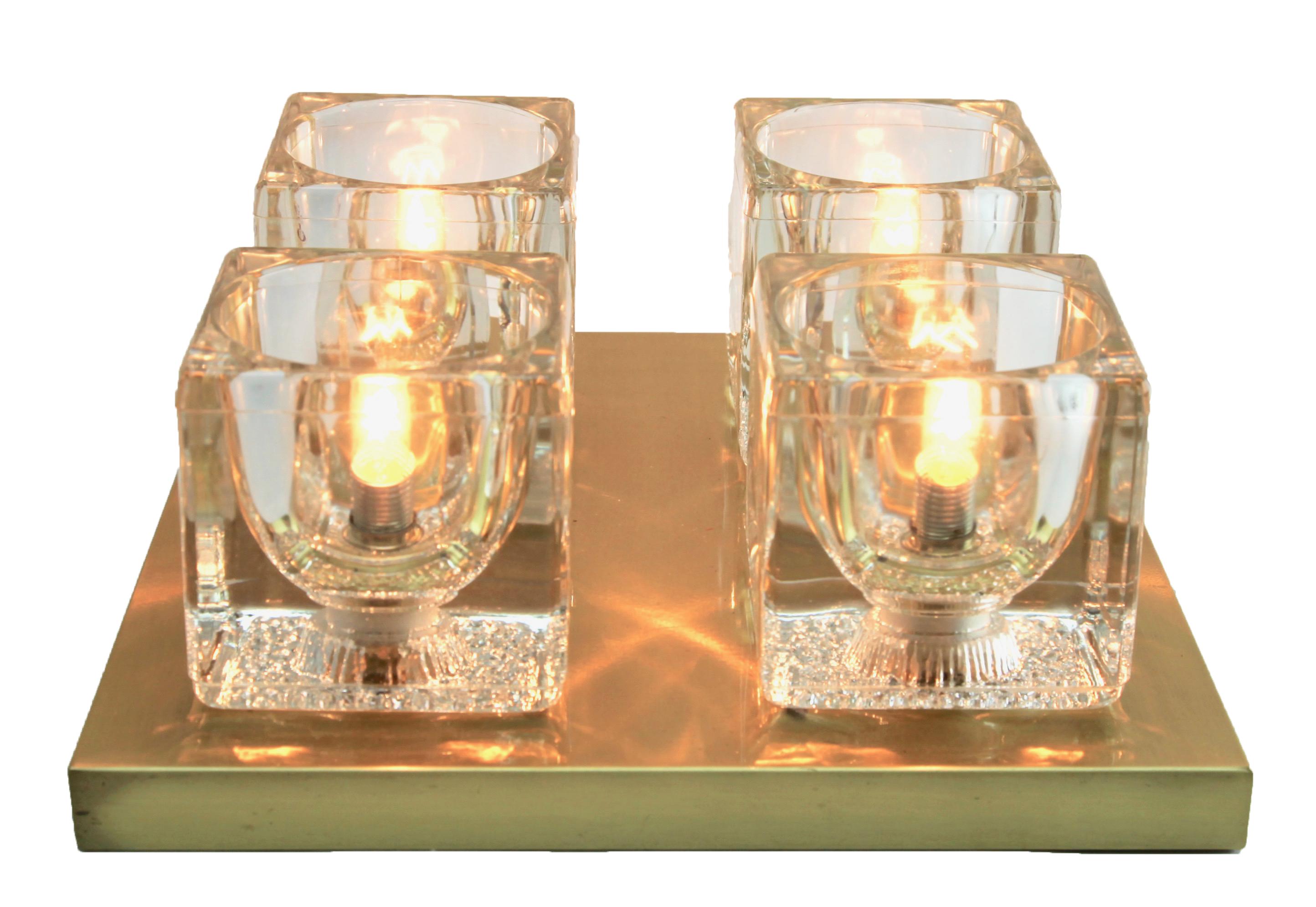 Midcentury set of 3 modernist German 1970s ice glass cube wall sconce by Peill & Putzler

Mid-Century Modernist German 1970s lamps were designed by Peill & Putzler. With brass fittings
The screw fittings which connect the brass and ice glass