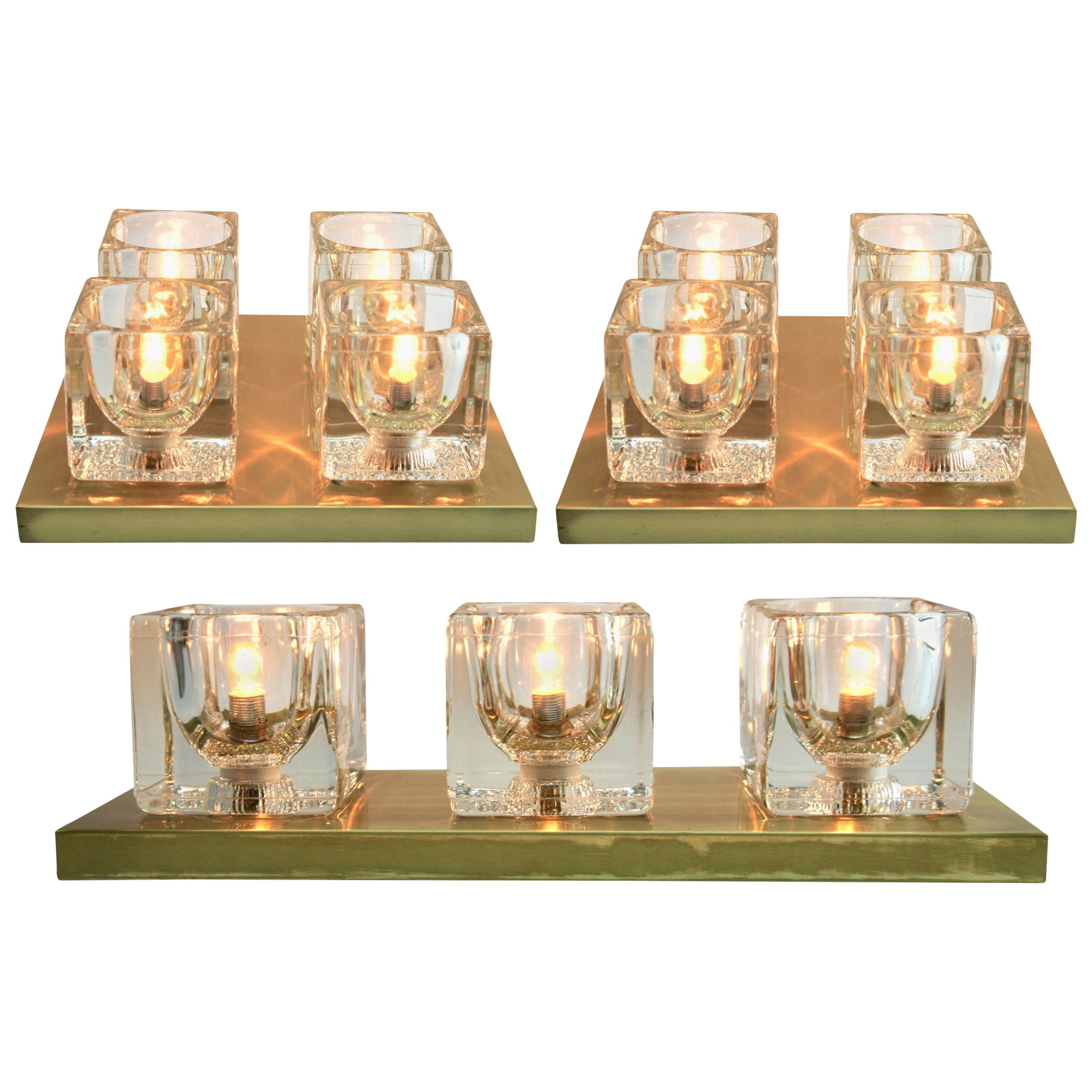 Peill & Putzler, Midcentury Set of 3 Modernist German Glass Cube Wall Sconces For Sale