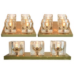 Vintage Peill & Putzler, Midcentury Set of 3 Modernist German Glass Cube Wall Sconces