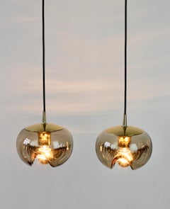 Peill & Putzler Pair of 1970s Smoked Glass & Brass Biomorphic Pendant Lights