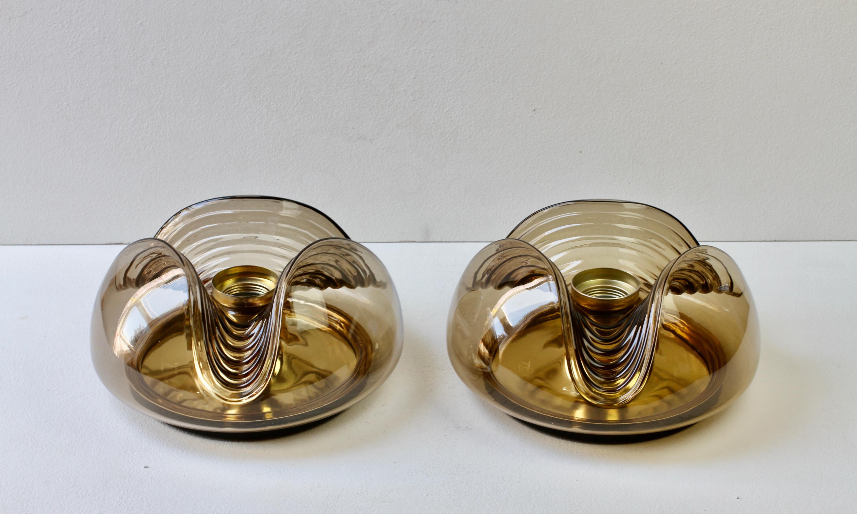 Peill & Putzler Pair of 1970s Smoked Glass Brass Biomorphic Wall Lights Sconces For Sale 2