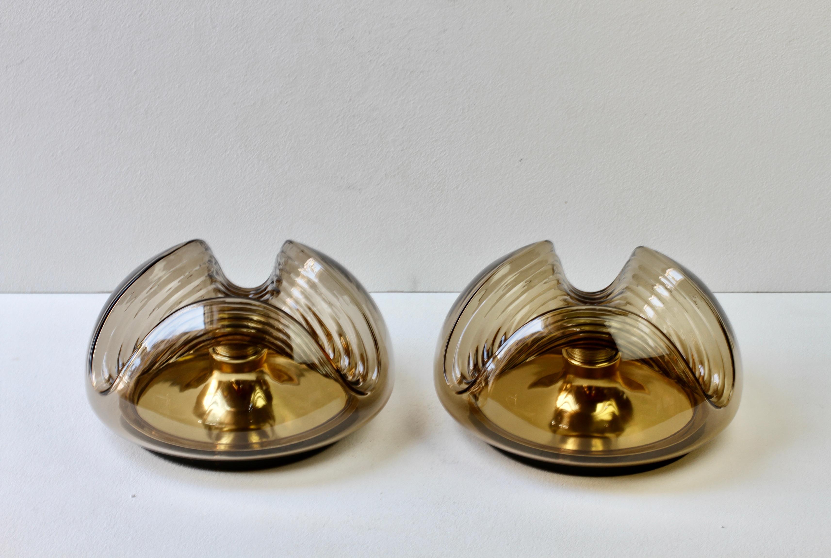 Peill & Putzler Pair of 1970s Smoked Glass Brass Biomorphic Wall Lights Sconces For Sale 3
