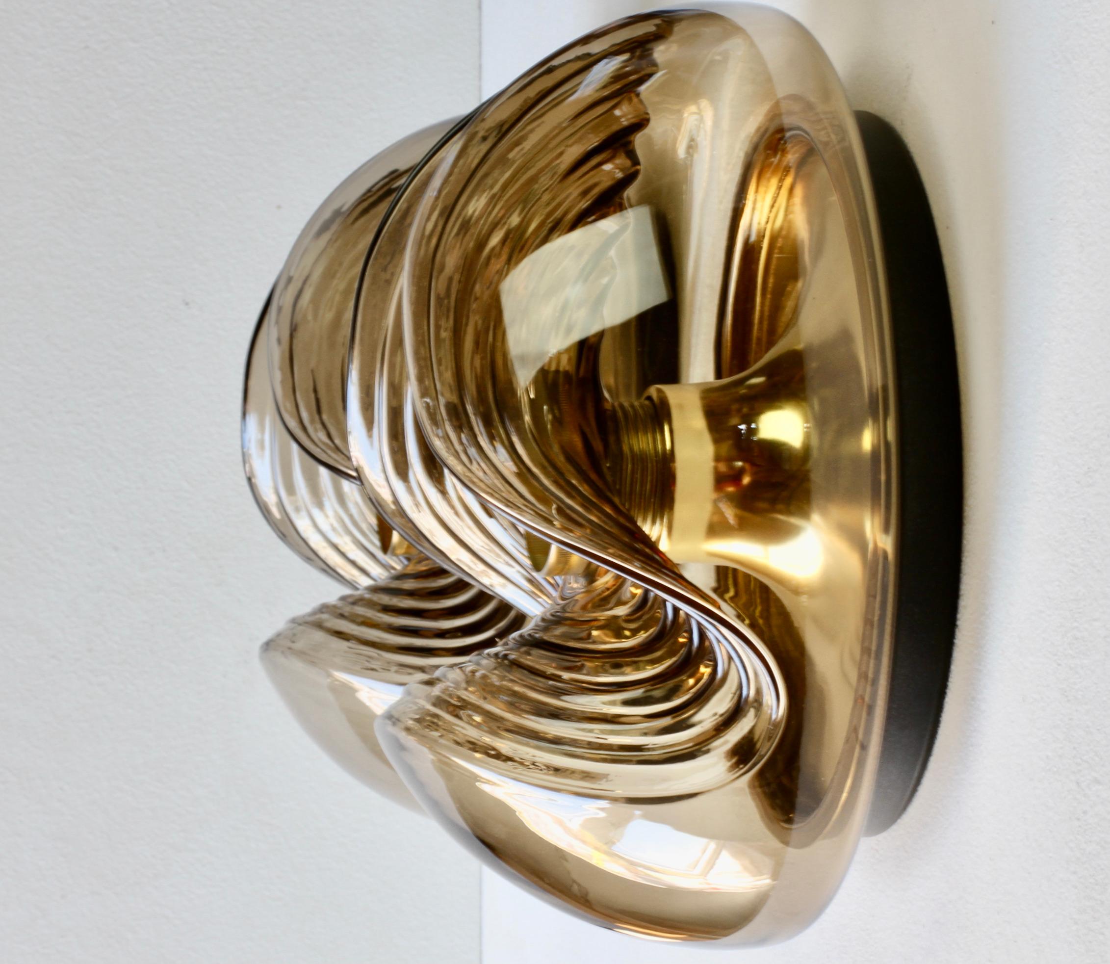 Mid-Century Modern Peill & Putzler Pair of 1970s Smoked Glass Brass Biomorphic Wall Lights Sconces For Sale