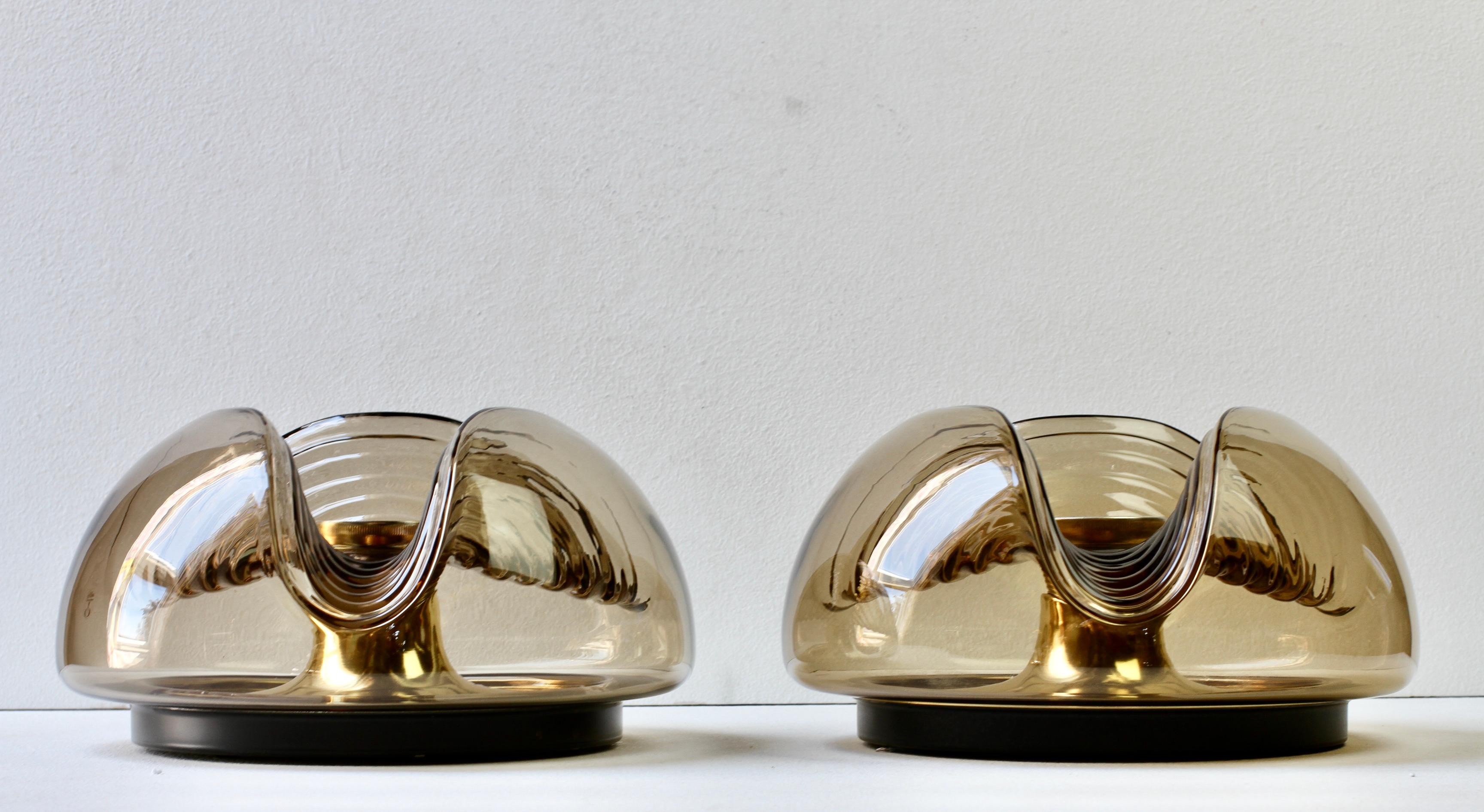 Molded Peill & Putzler Pair of 1970s Smoked Glass Brass Biomorphic Wall Lights Sconces For Sale
