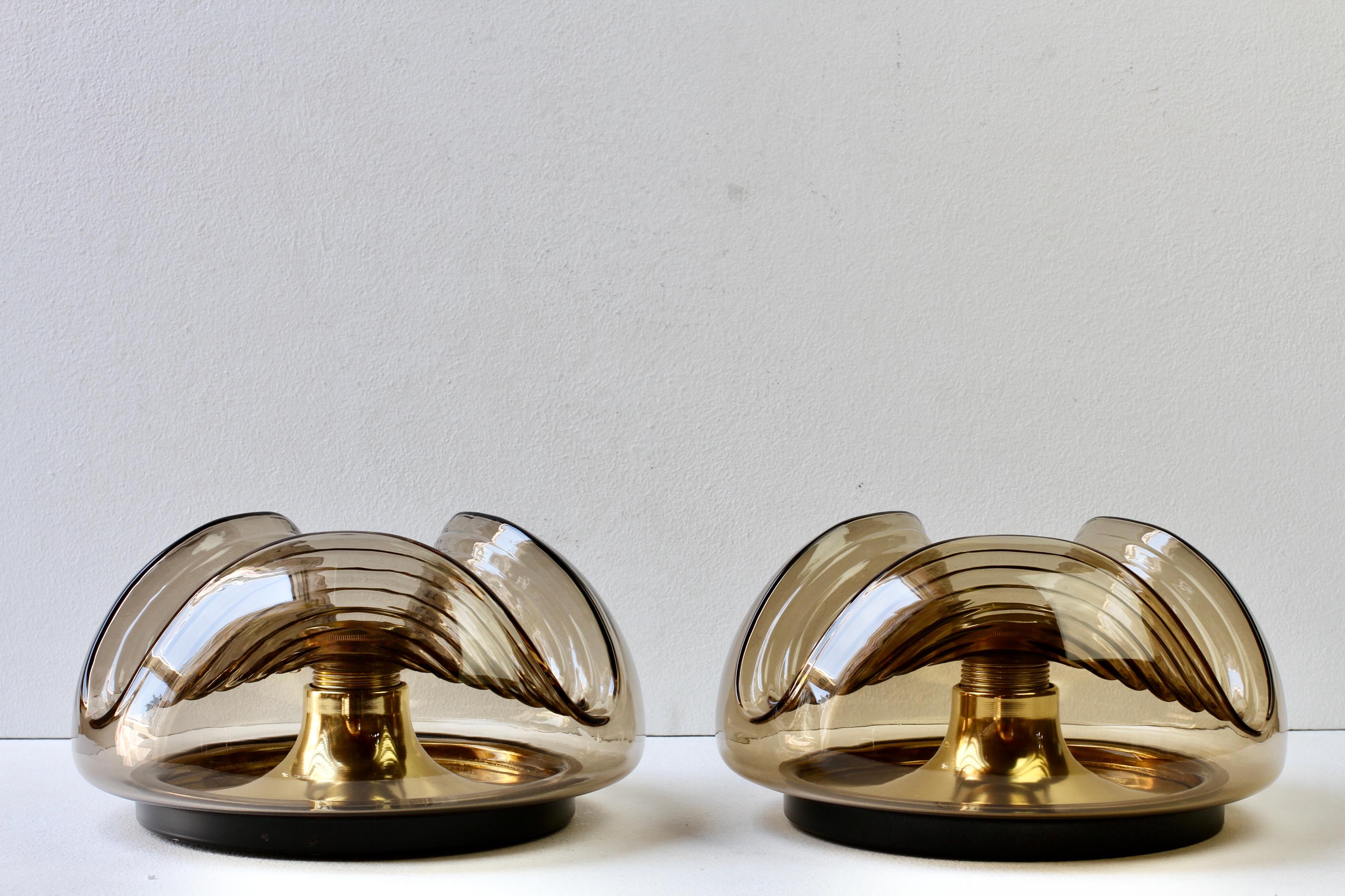 Peill & Putzler Pair of 1970s Smoked Glass Brass Biomorphic Wall Lights Sconces In Good Condition For Sale In Landau an der Isar, Bayern