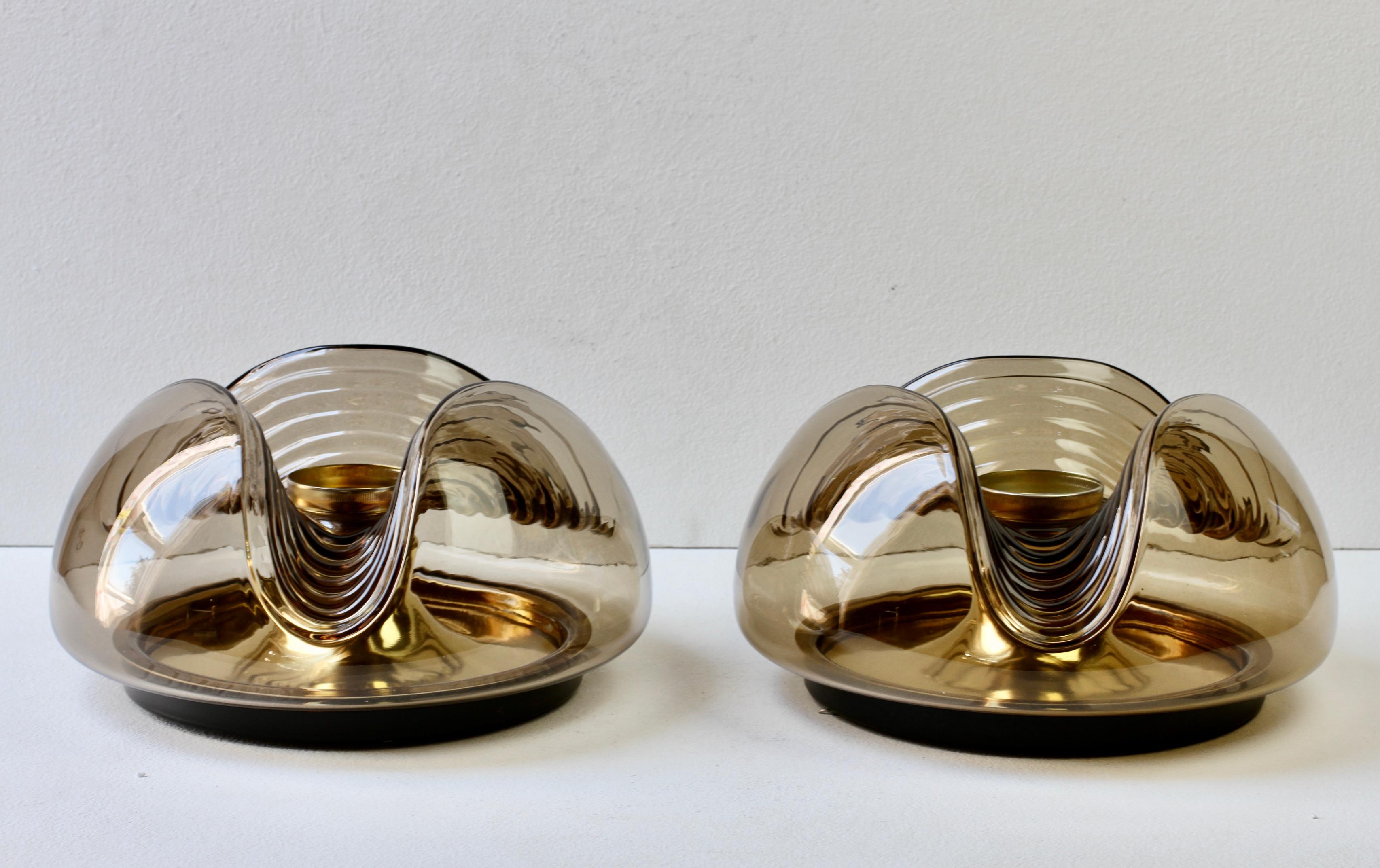 20th Century Peill & Putzler Pair of 1970s Smoked Glass Brass Biomorphic Wall Lights Sconces For Sale