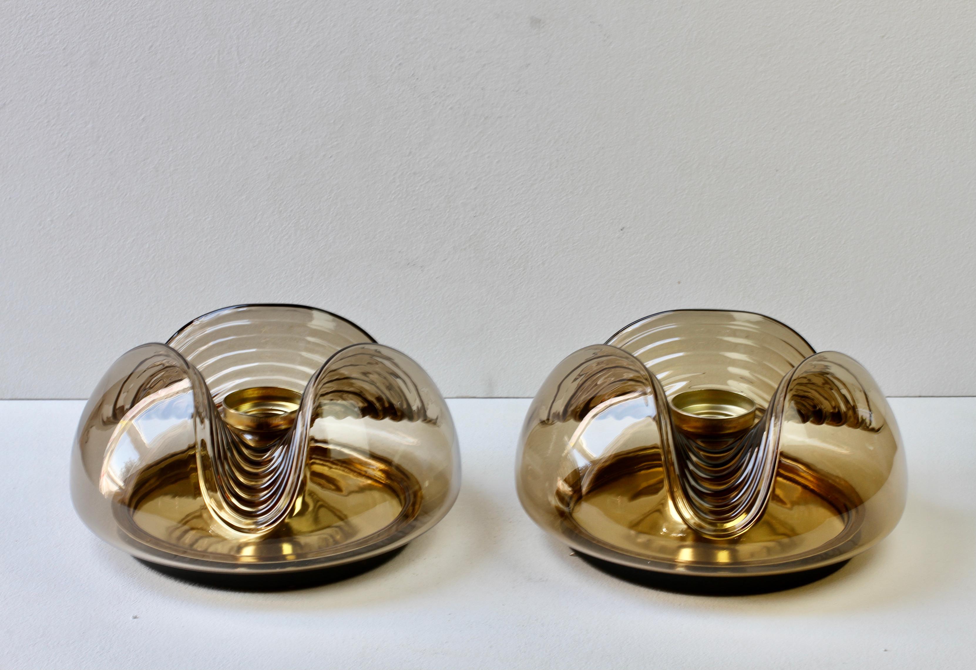 Metal Peill & Putzler Pair of 1970s Smoked Glass Brass Biomorphic Wall Lights Sconces For Sale