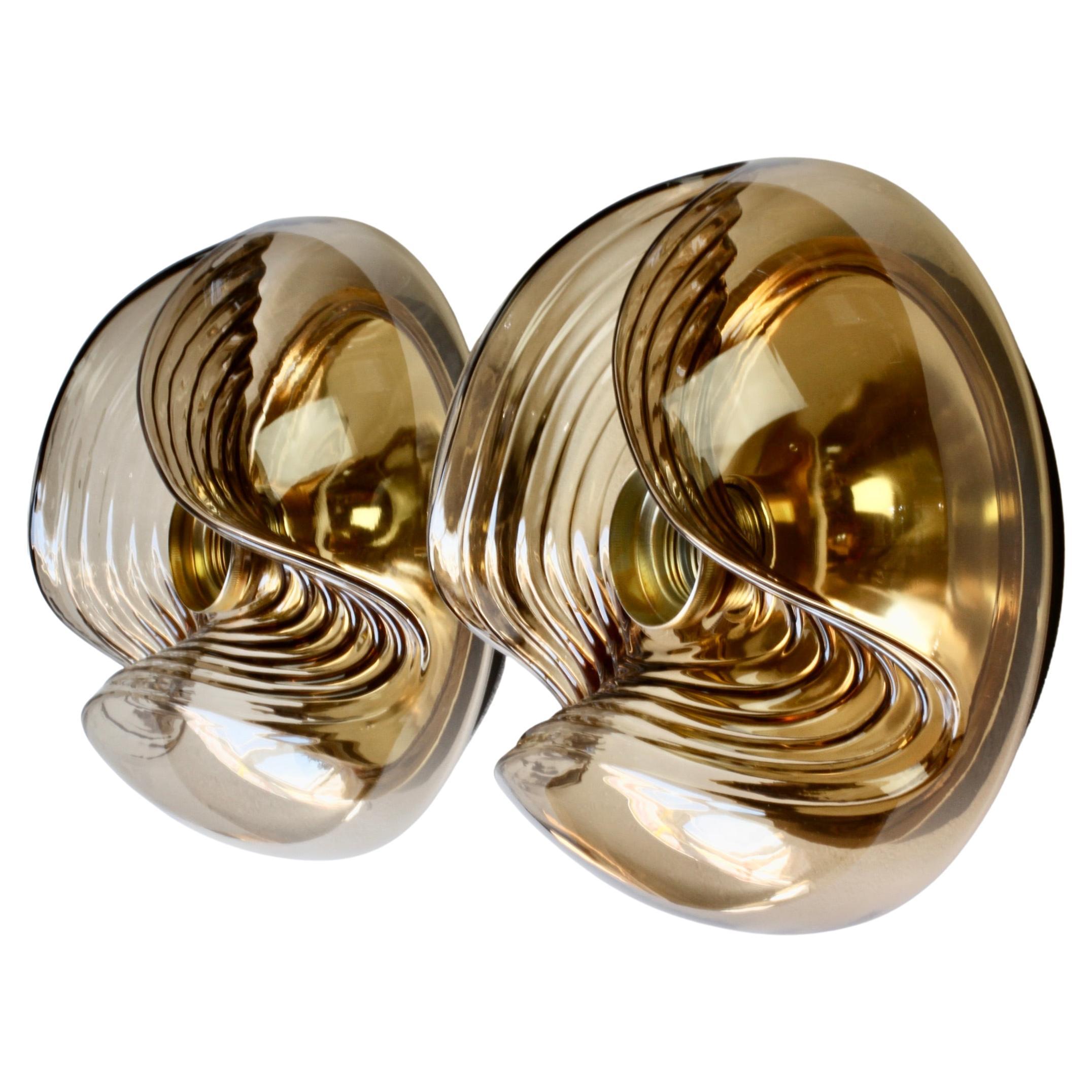 Peill & Putzler Pair of 1970s Smoked Glass Brass Biomorphic Wall Lights Sconces