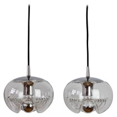 Retro Peill & Putzler Pair of Biomorphic 'Futura' Clear Glass Pendant Lights, 1970s