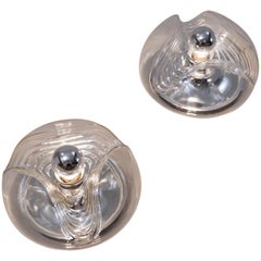 Vintage Peill & Putzler Pair Wall/Ceiling Lights, Glass and Chrome, 1970s, German