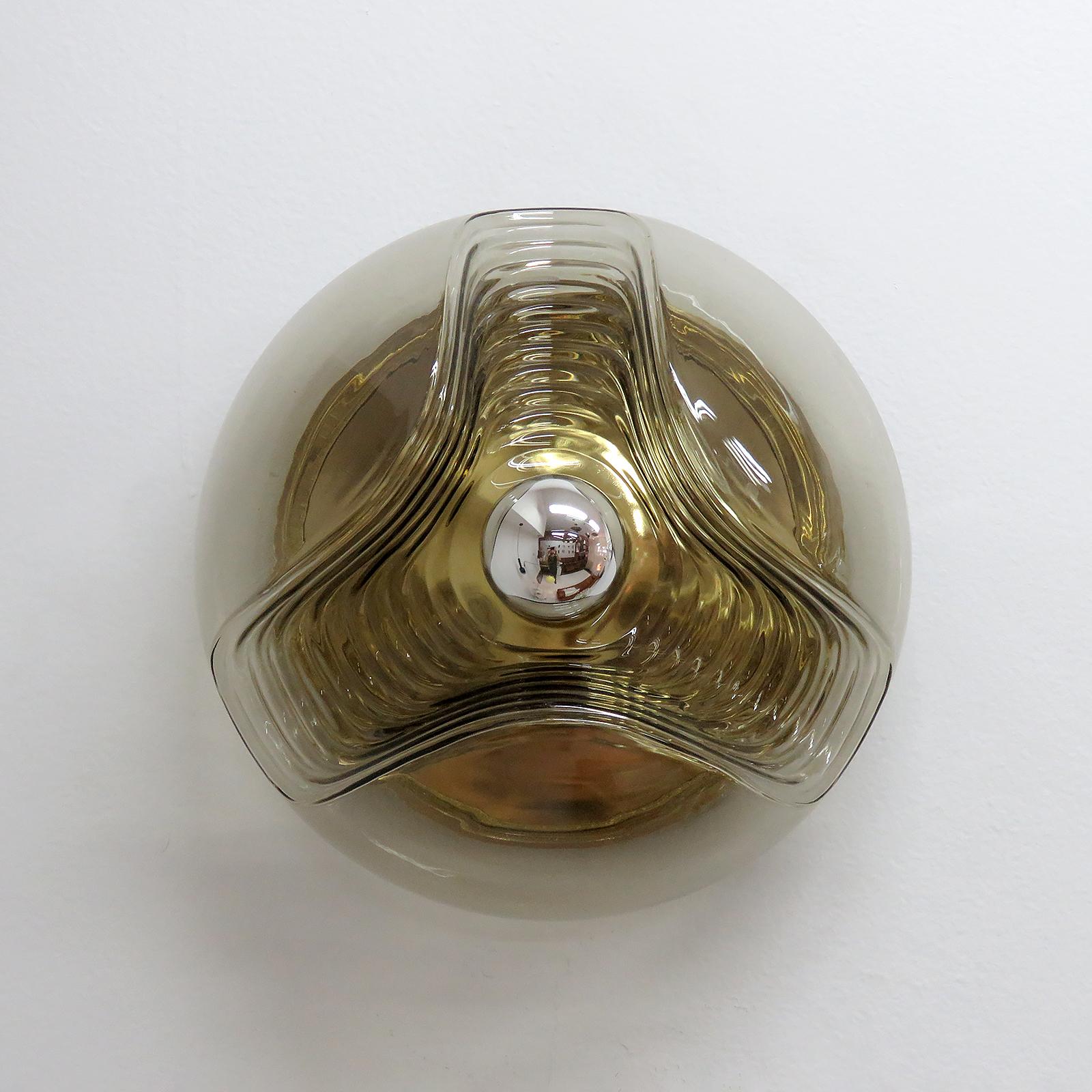 Timeless, molded smoked glass flush mount light 'Futura' by Peill & Putzler Germany, wall or ceiling mounted, wired for US standards, one E27 socket per fixture, max. wattage 75w or LED equivalent, silver-tip bulbs provided as a onetime