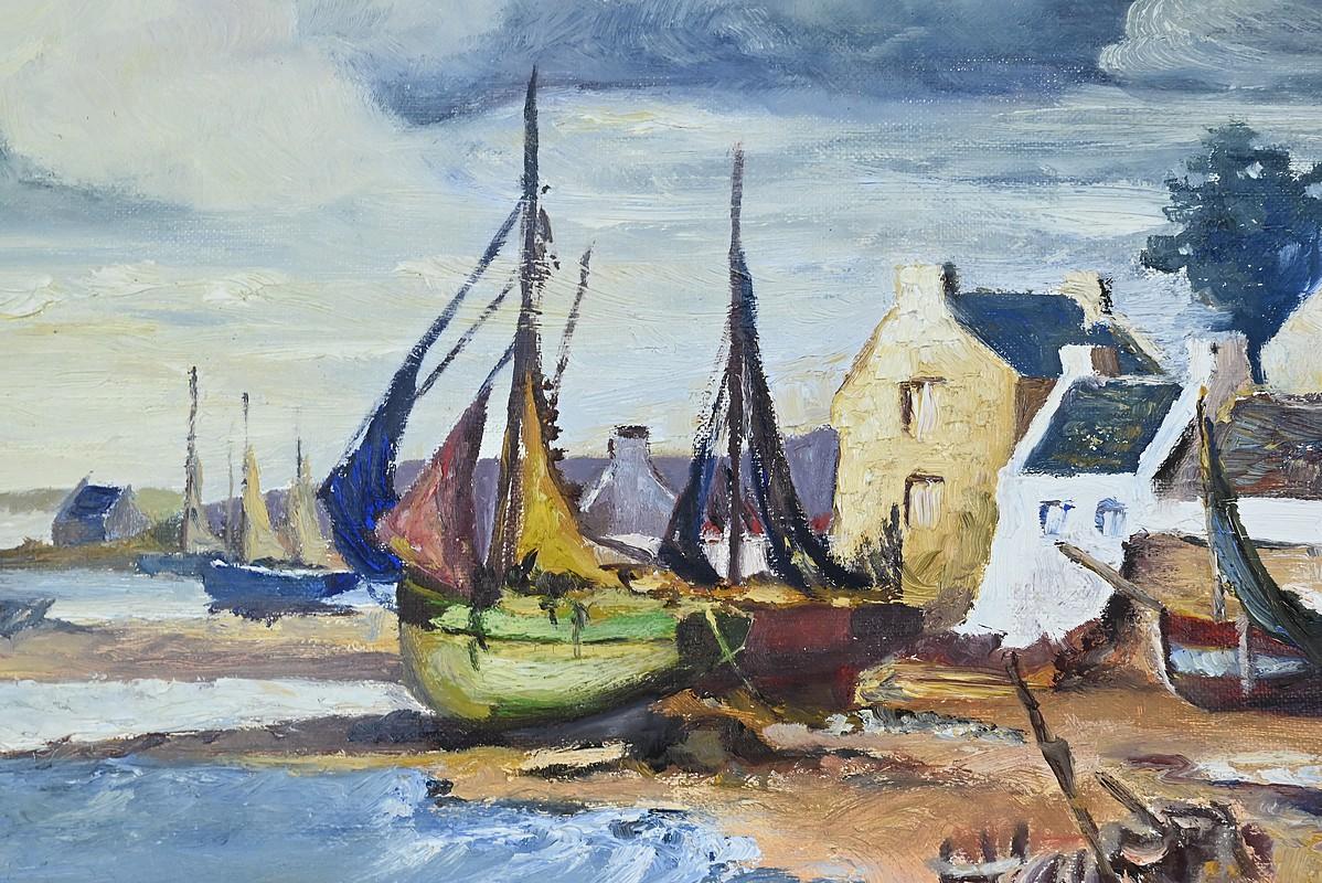 Peinture acrylique sur toile représentant un paysage marin, signée Marijane (en bas à droite). Cette œuvre colorée met en valeur des bateaux échoués sur une plage, à quelques mètres des maisons, avec la côte sauvage et la mer calme en arrière-plan.