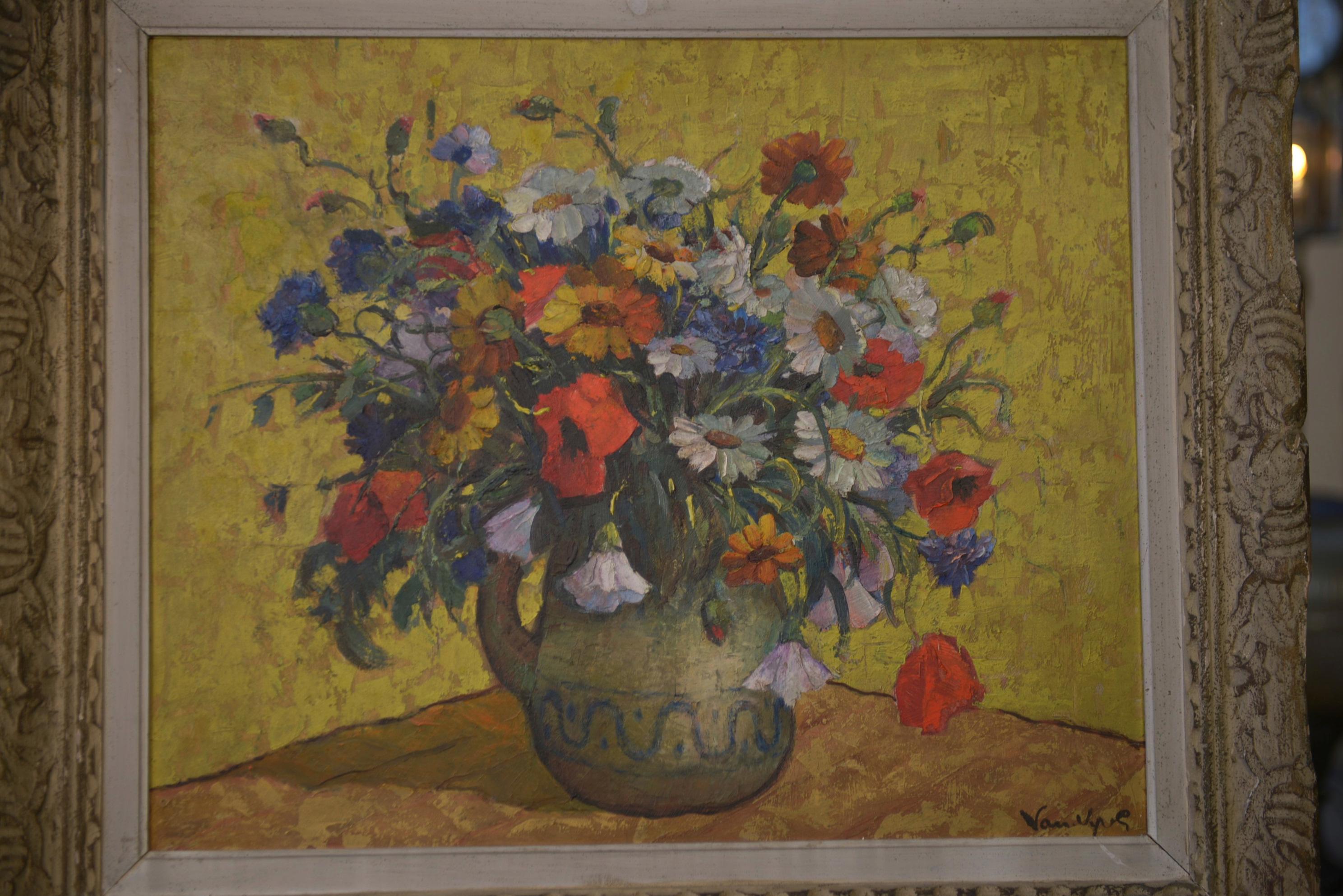 Peinture sur bois nature morte bouquet fleurs numéroté 12 Signé ancien cadre Montparnasse sculpté patiné XXème