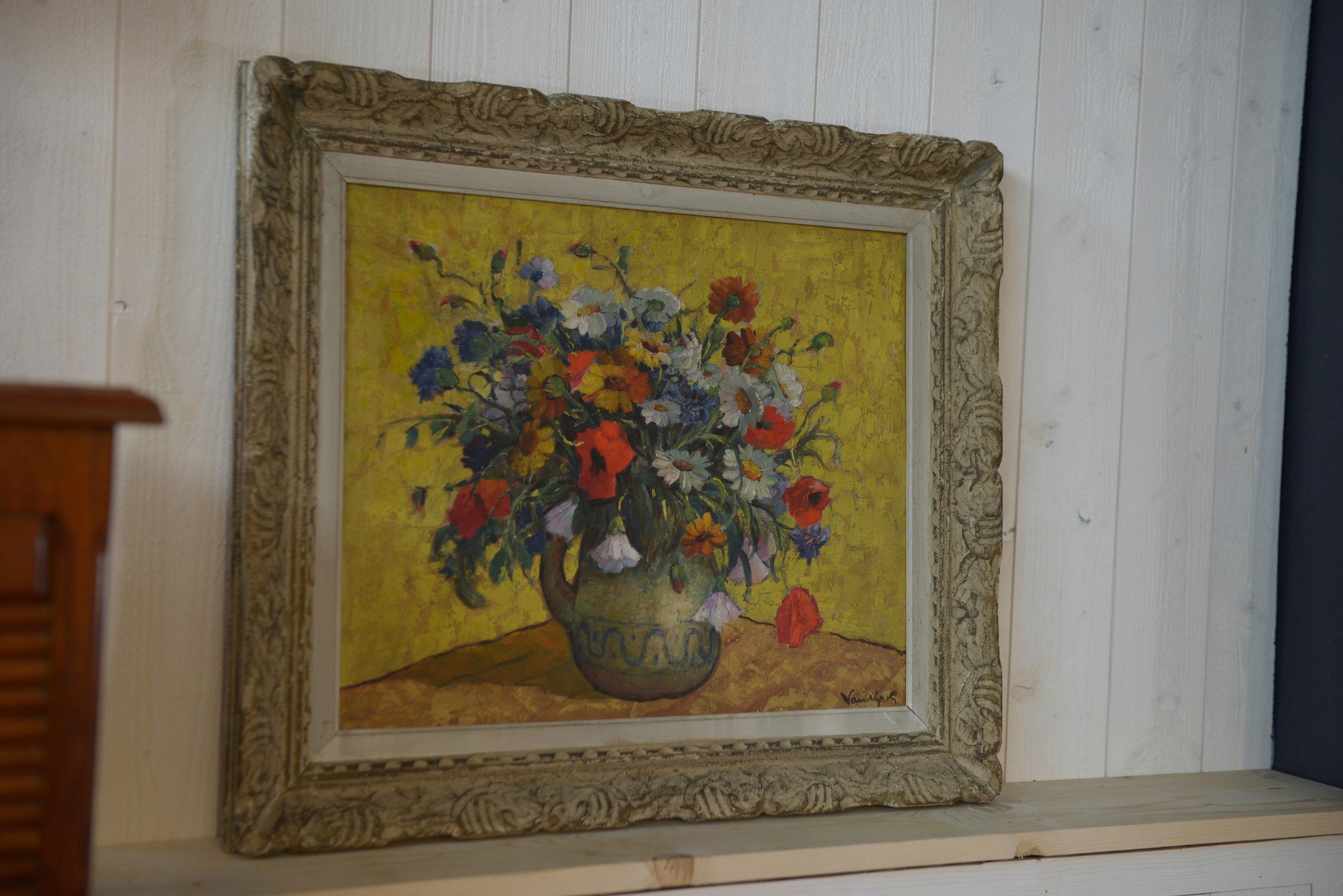 Peinture sur bois nature morte bouquet fleurs numéroté 12 Bon état - En vente à TOURCOING, FR