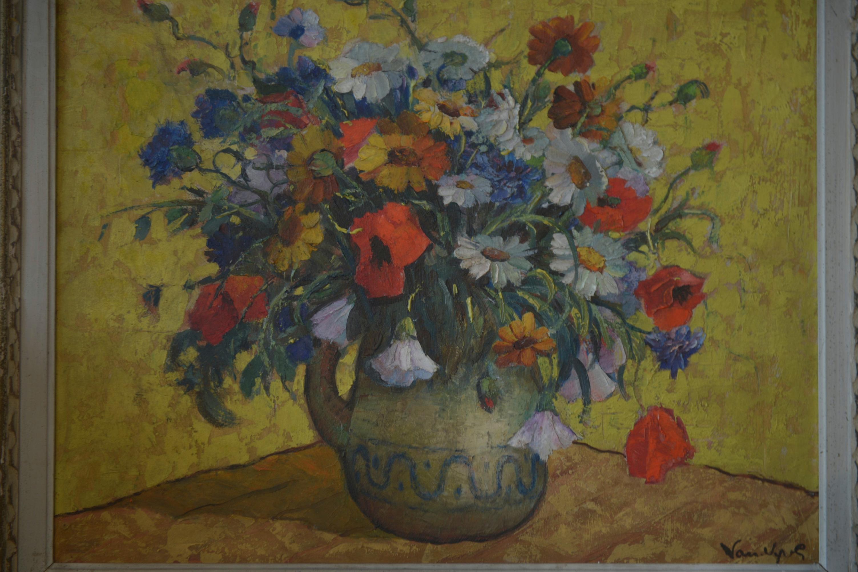 Bois Peinture sur bois nature morte bouquet fleurs numéroté 12 en vente