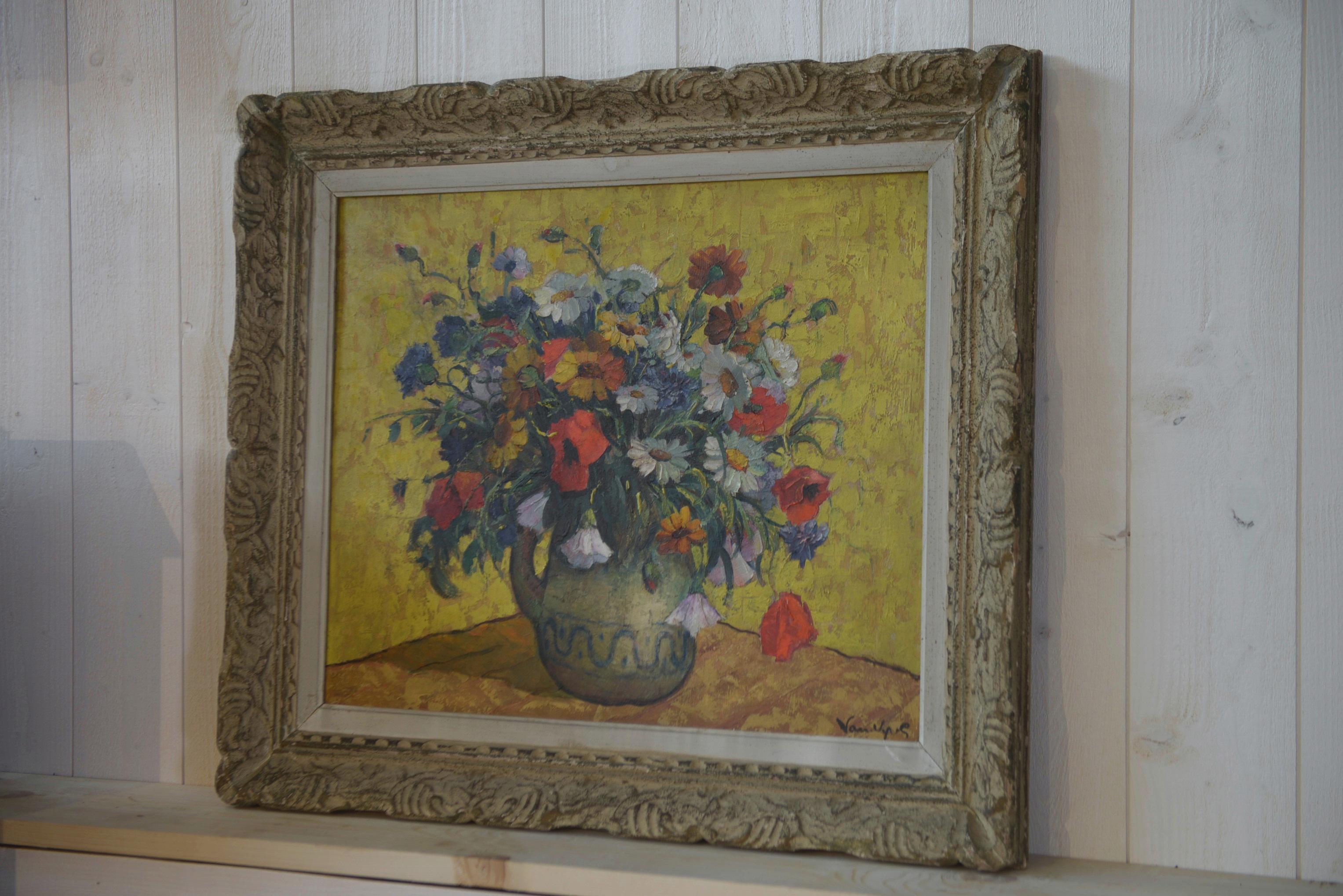 Peinture sur bois nature morte bouquet fleurs numéroté 12 en vente 1