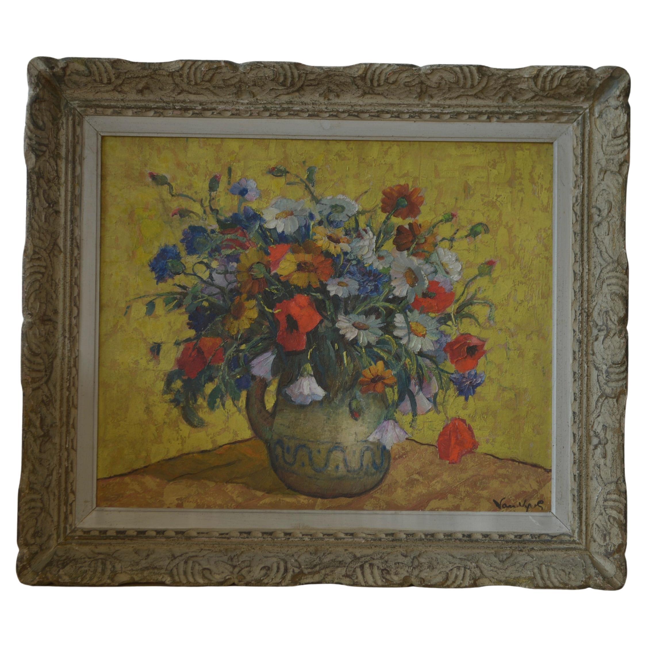 Peinture sur bois nature morte bouquet fleurs numéroté 12 en vente