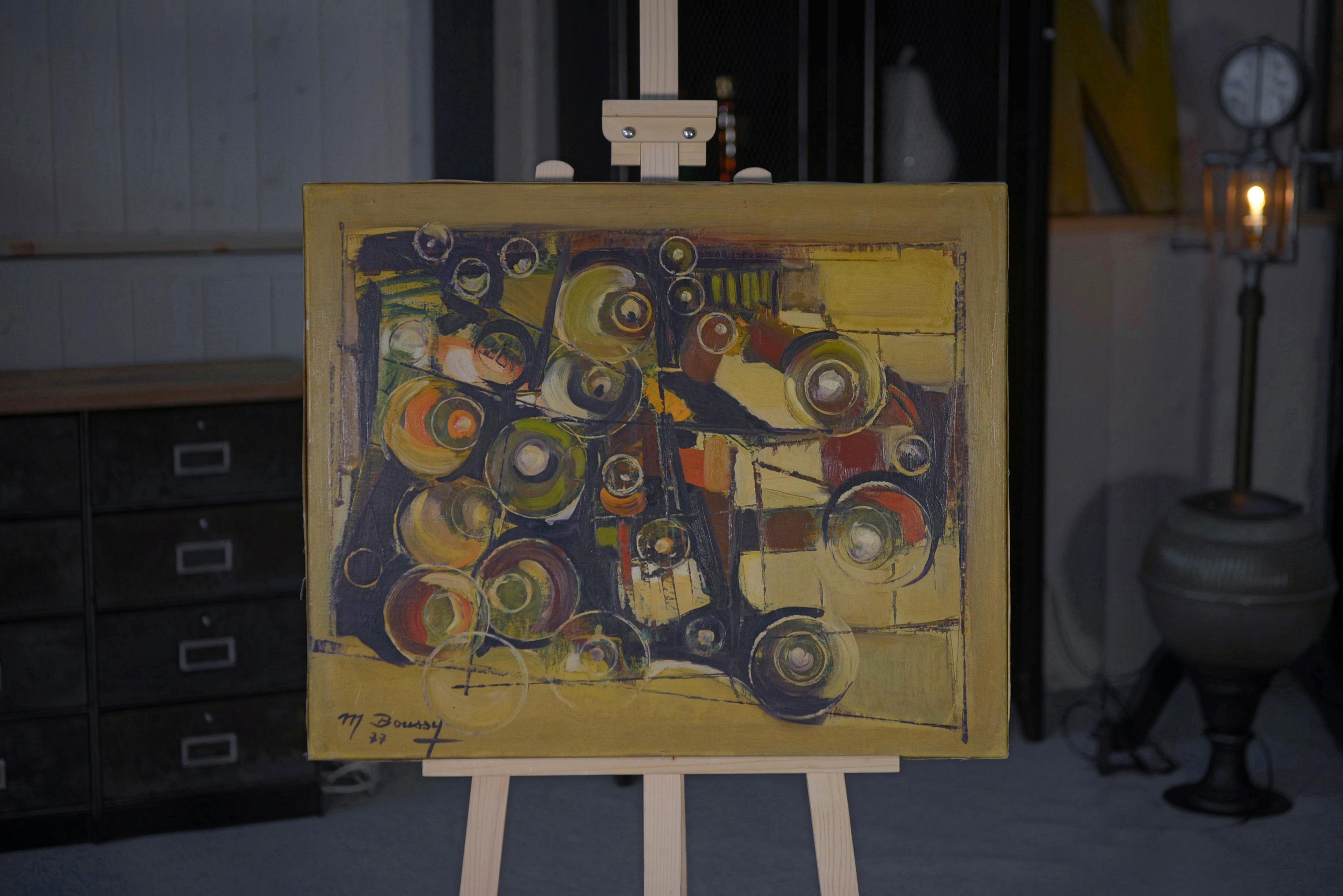 French Peinture sur toile art abstrait signé BOUSSY 1977 For Sale