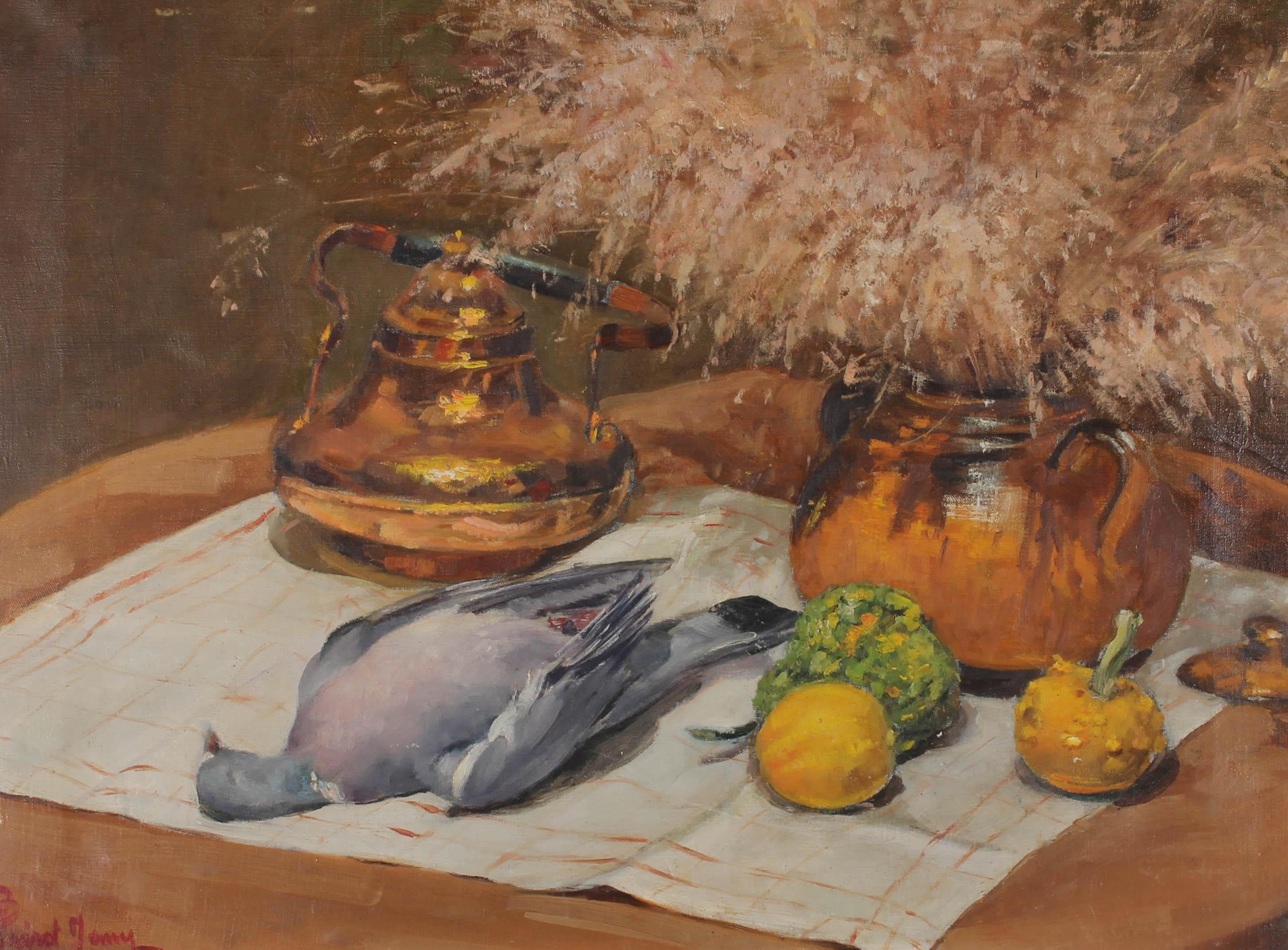 This charming still life study depicts a vase of dry flowers, fruit and a dead dove placed on a table. The artist captures the scene in an expressive manner with a keen eye for light and tone. Signed to the lower left. On canvas on