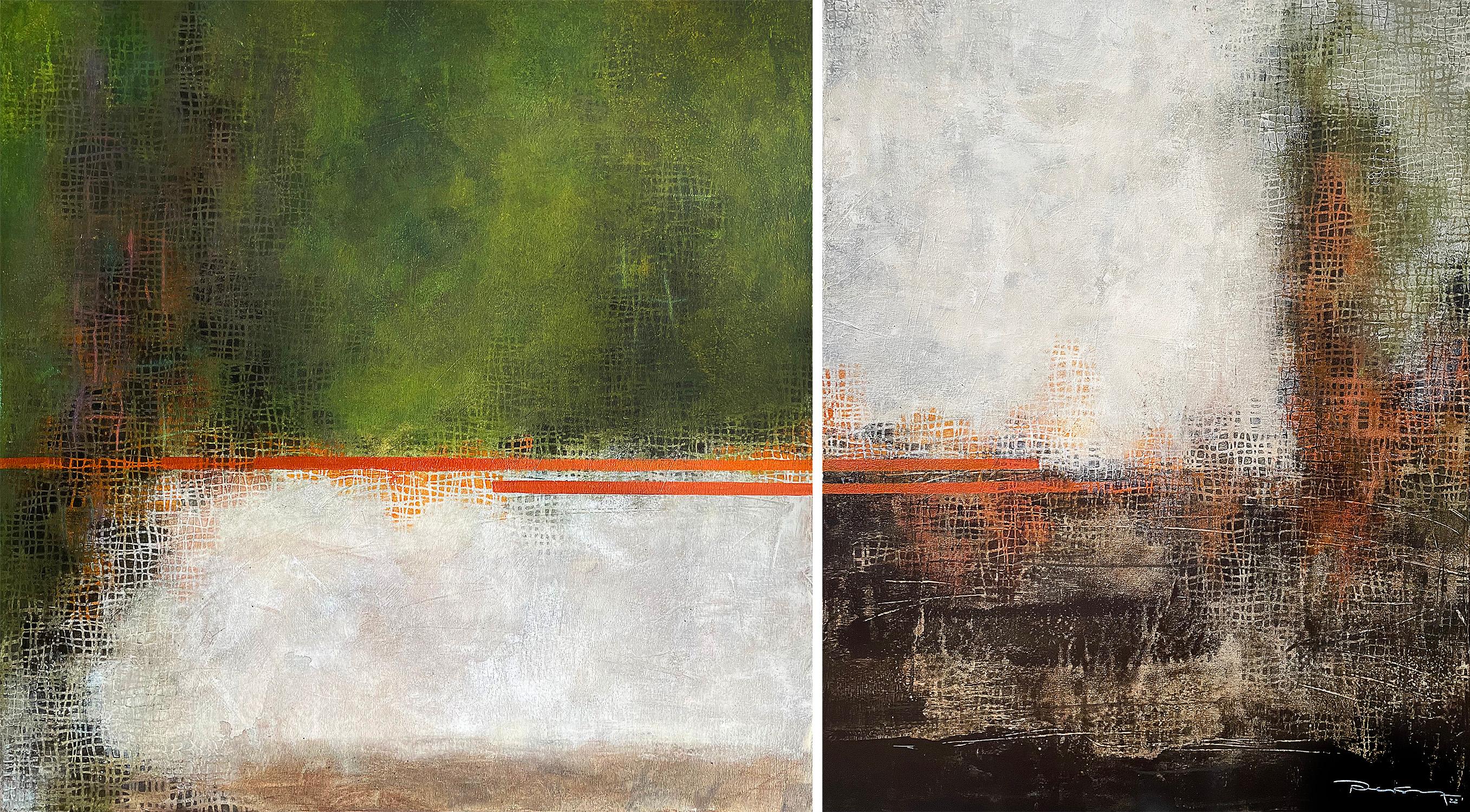 "Parallele Erde" von Peisy Ting ist ein atemberaubendes und zum Nachdenken anregendes abstraktes Gemälde, das aus zwei separaten Teilen besteht. Das linke Stück misst 30 x 30 Zoll, während das rechte 30 x 24 Zoll groß ist, und beide sind in