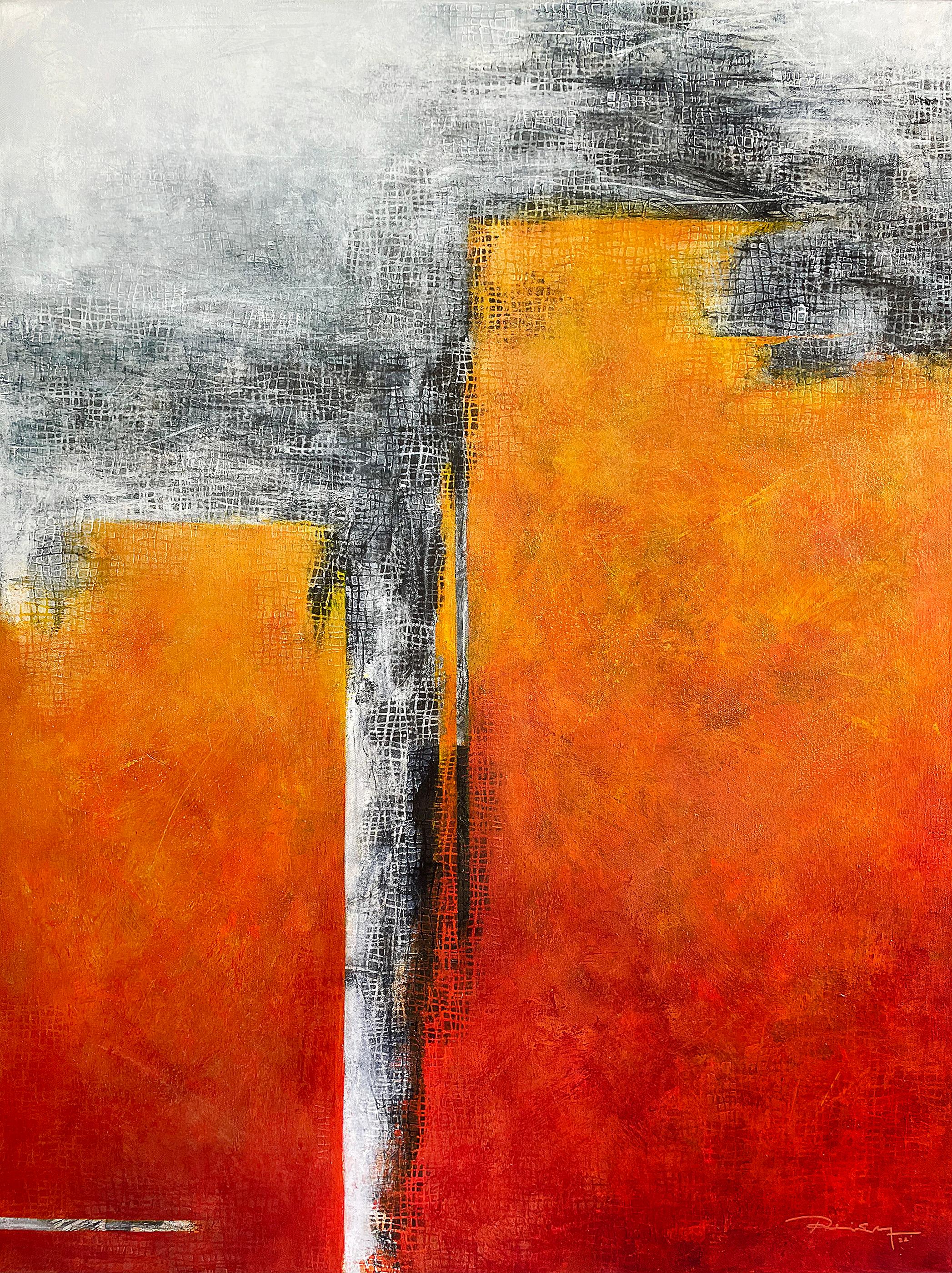 
"Risen" von Peisy Ting ist ein exquisites abstraktes, zeitgenössisches Gemälde, das ein starkes Gefühl von Energie und Dynamik hervorruft. Das Gemälde zeichnet sich durch eine leuchtend orangefarbene Farbpalette aus, die durch Grautöne kontrastiert