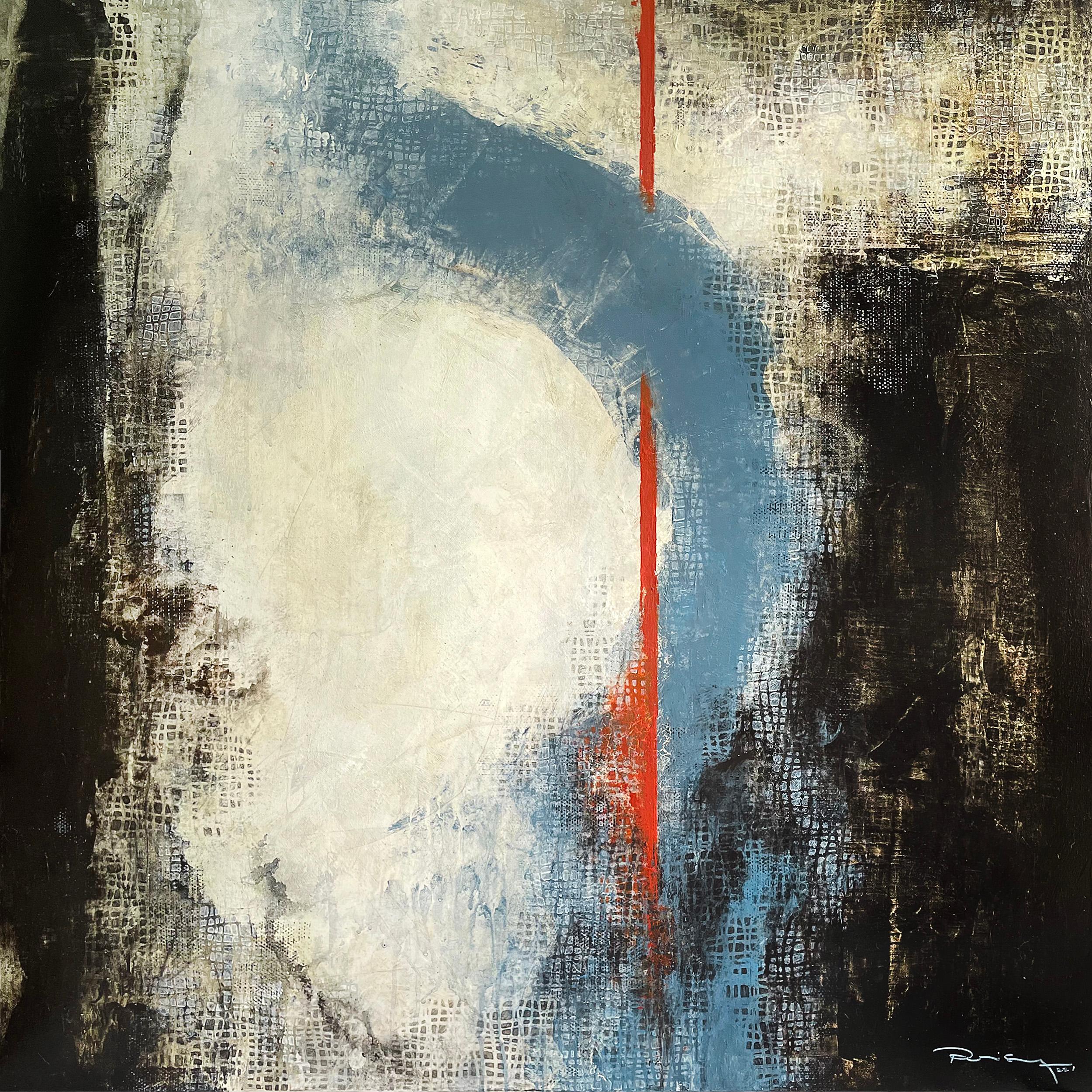 "Vortex" von Peisy Ting ist ein abstraktes, zeitgenössisches Gemälde, das durch seine kühnen, kontrastreichen Elemente auffällt. Das Gemälde ist in Acryl auf Leinwand gemalt und zeigt eine Farbpalette, die von Weiß und Schwarz dominiert wird, mit