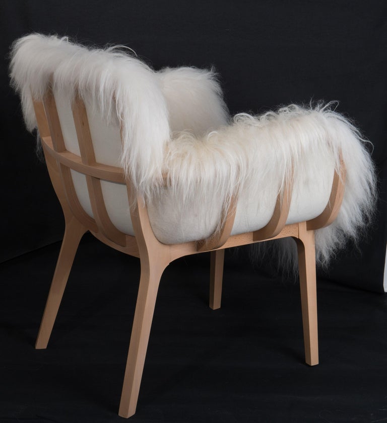 Pekango Fur Lounge Chair, Contemporary French Low Armchair in White Fur