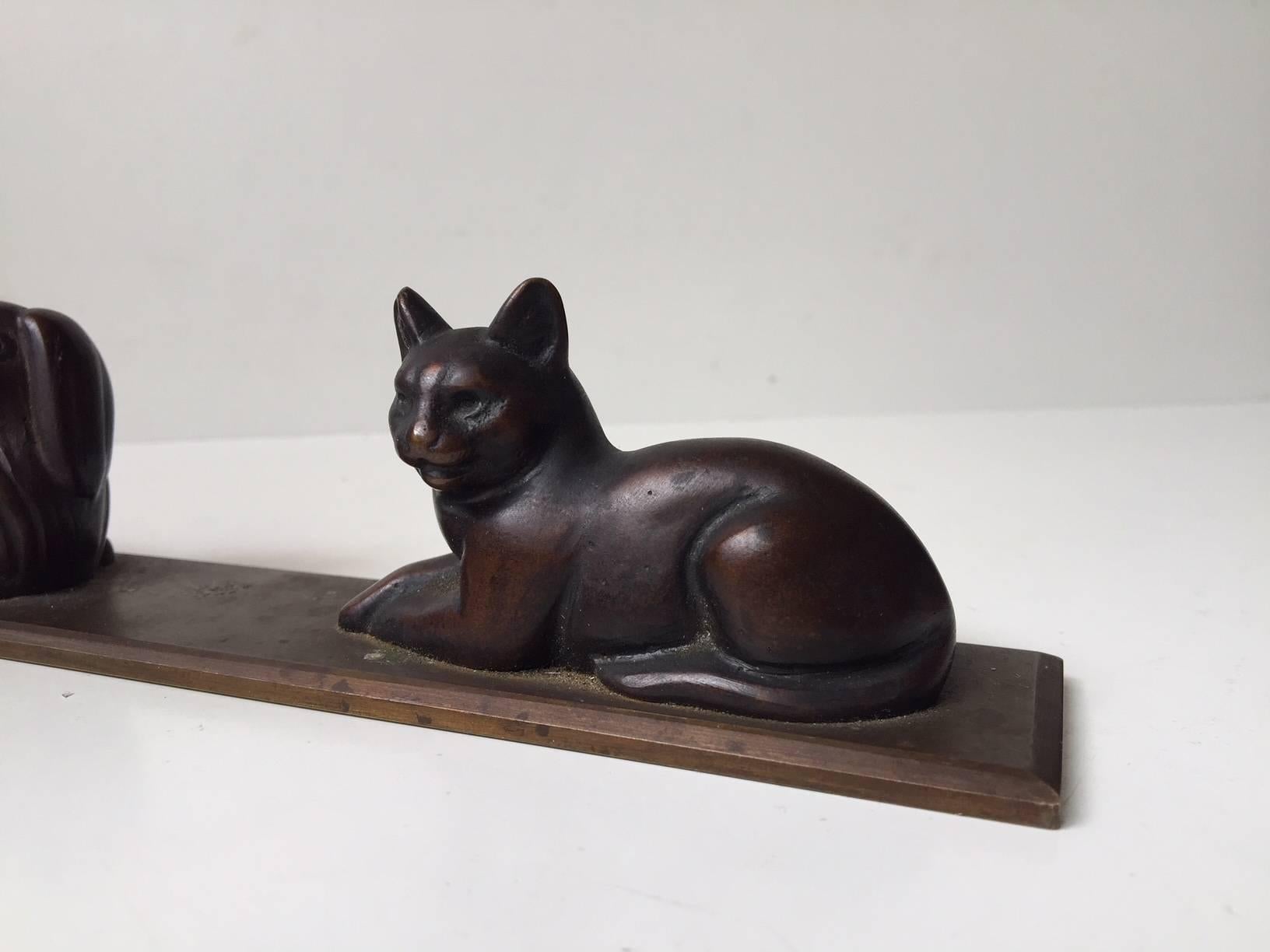 Art Deco Pekingese Dog & Cat Cast Bronze Paperweight - Desk Ornament, 1930s, Scandinavia