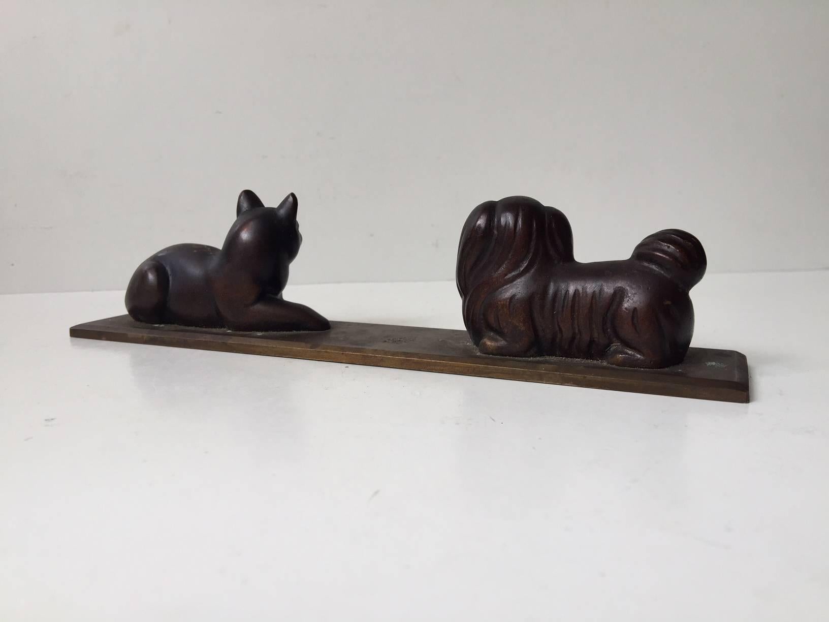 Scandinavian Pekingese Dog & Cat Cast Bronze Paperweight - Desk Ornament, 1930s, Scandinavia