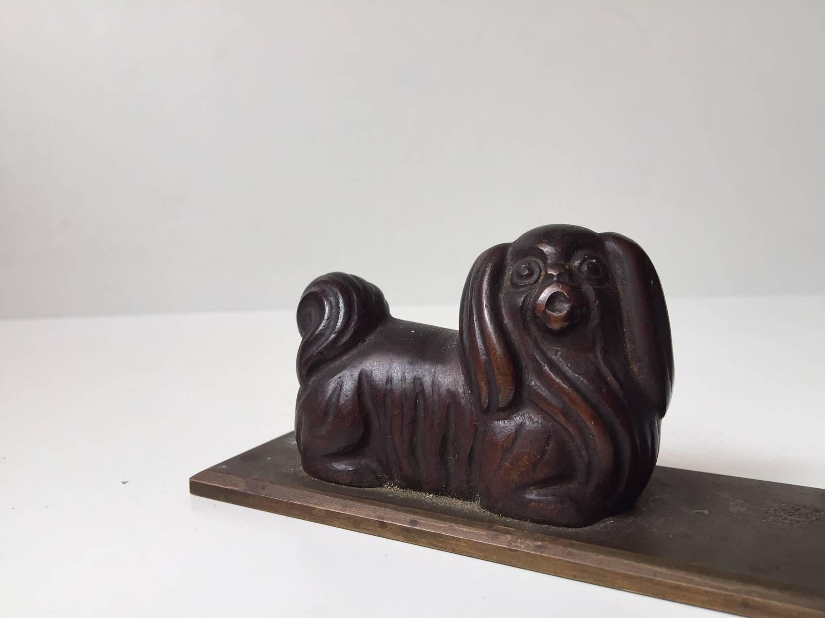 Patinated Pekingese Dog & Cat Cast Bronze Paperweight - Desk Ornament, 1930s, Scandinavia