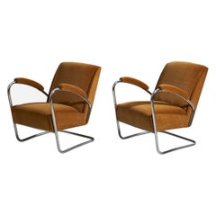 PEL, Lounge Chairs, Steel, Brown / Yellow Velvet, England, 1930s