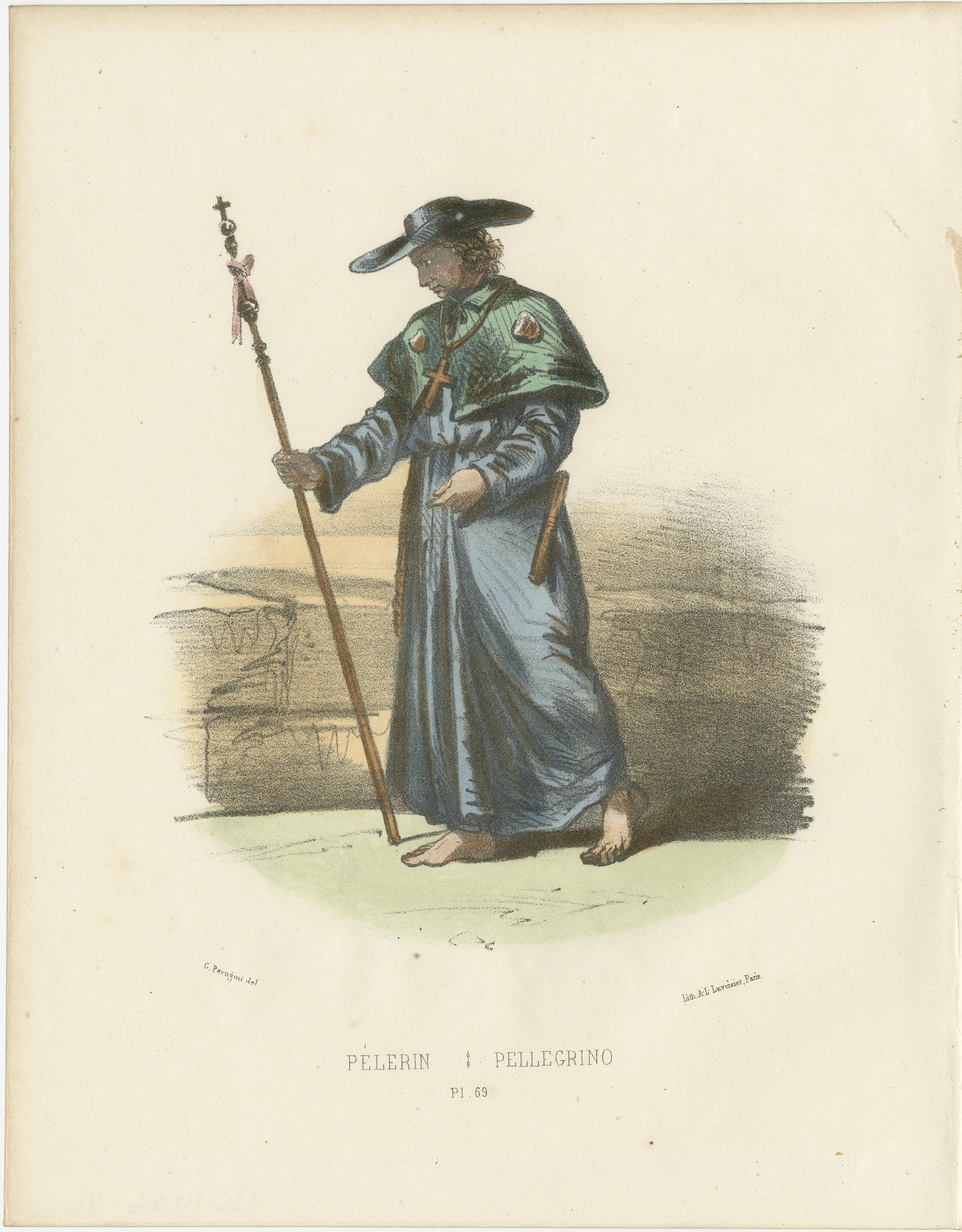 Pèlerin - 1862 Hand-Colored Lithograph of a Pilgrim  

This 1862 hand-colored lithograph depicts a Pèlerin, or Pilgrim, embodying the humility and devotion of those on spiritual journeys. The figure is barefoot, dressed in a long tunic with a green