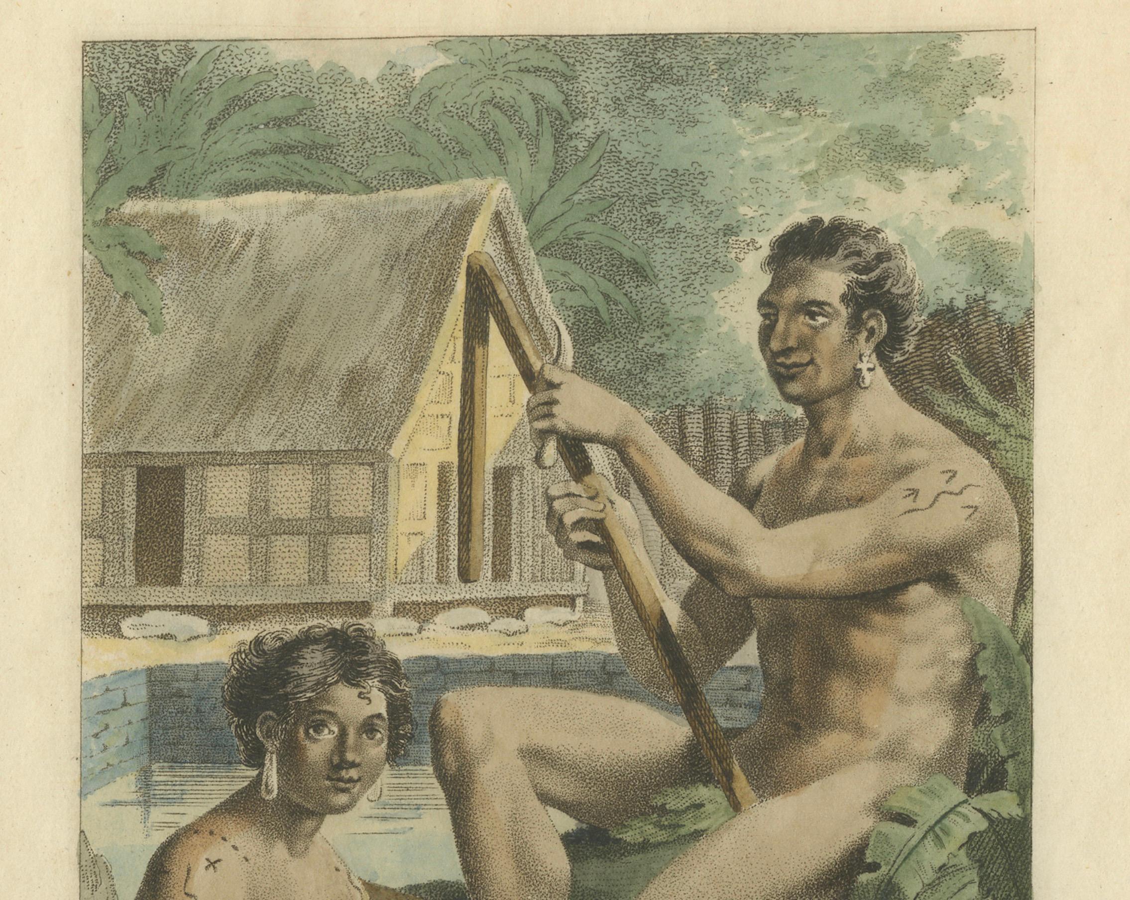 Pelew-Eilanders - Antiker handkolorierter Kupferstich von Palau (um 1800) (Niederländisch) im Angebot