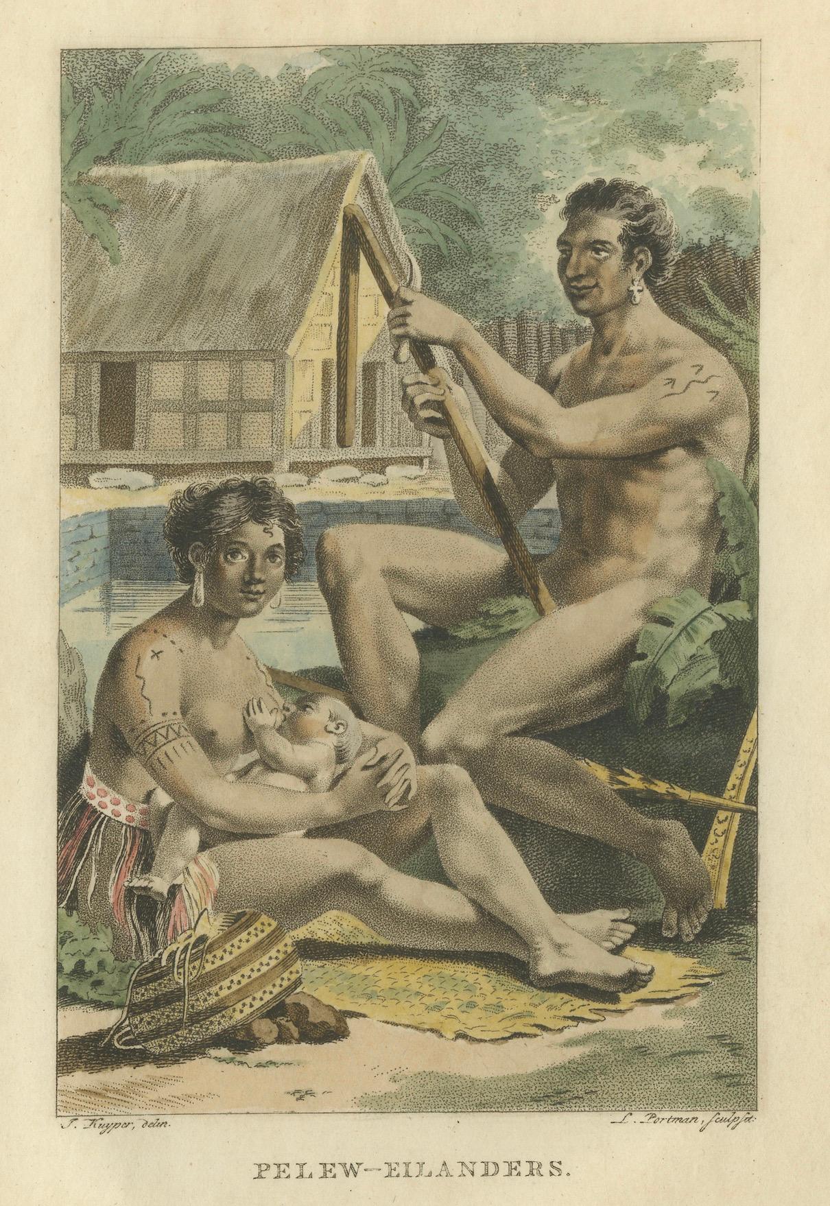 Pelew-Eilanders - Antiker handkolorierter Kupferstich von Palau (um 1800) (Graviert) im Angebot