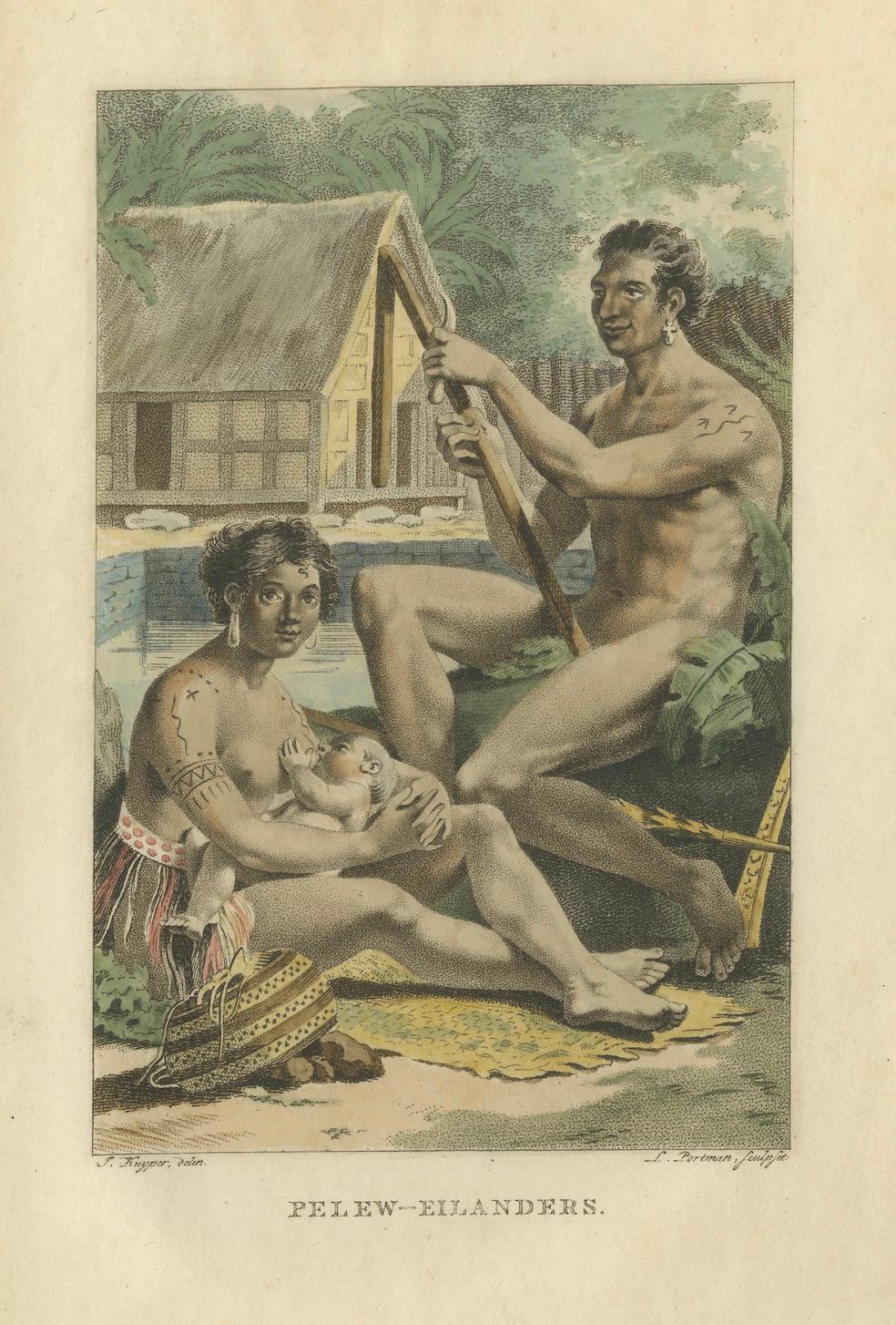 Pelew-Eilanders - Antiker handkolorierter Kupferstich von Palau (um 1800) im Zustand „Gut“ im Angebot in Langweer, NL